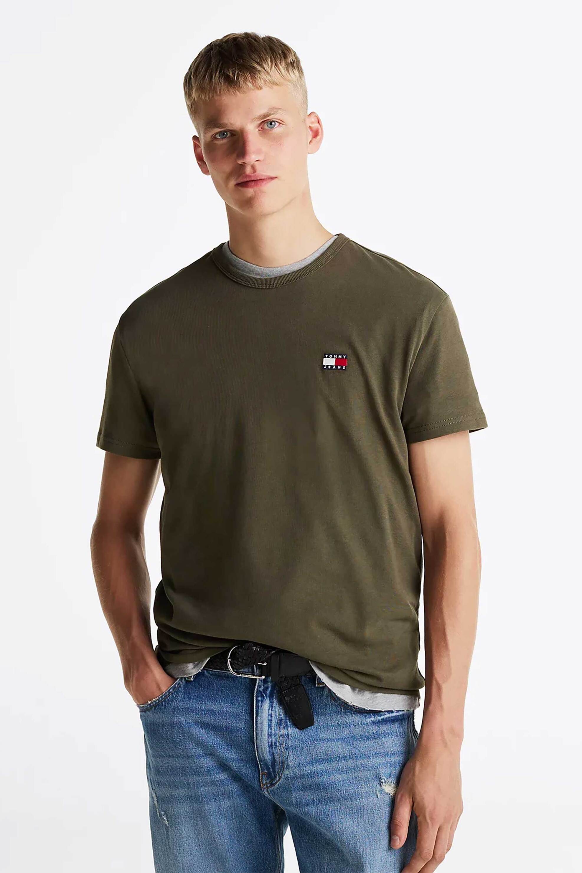 Tommy Jeans ανδρικό T-shirt με κεντημένο λογότυπο στο στήθος Regular Fit - DM0DM20322 Λαδί