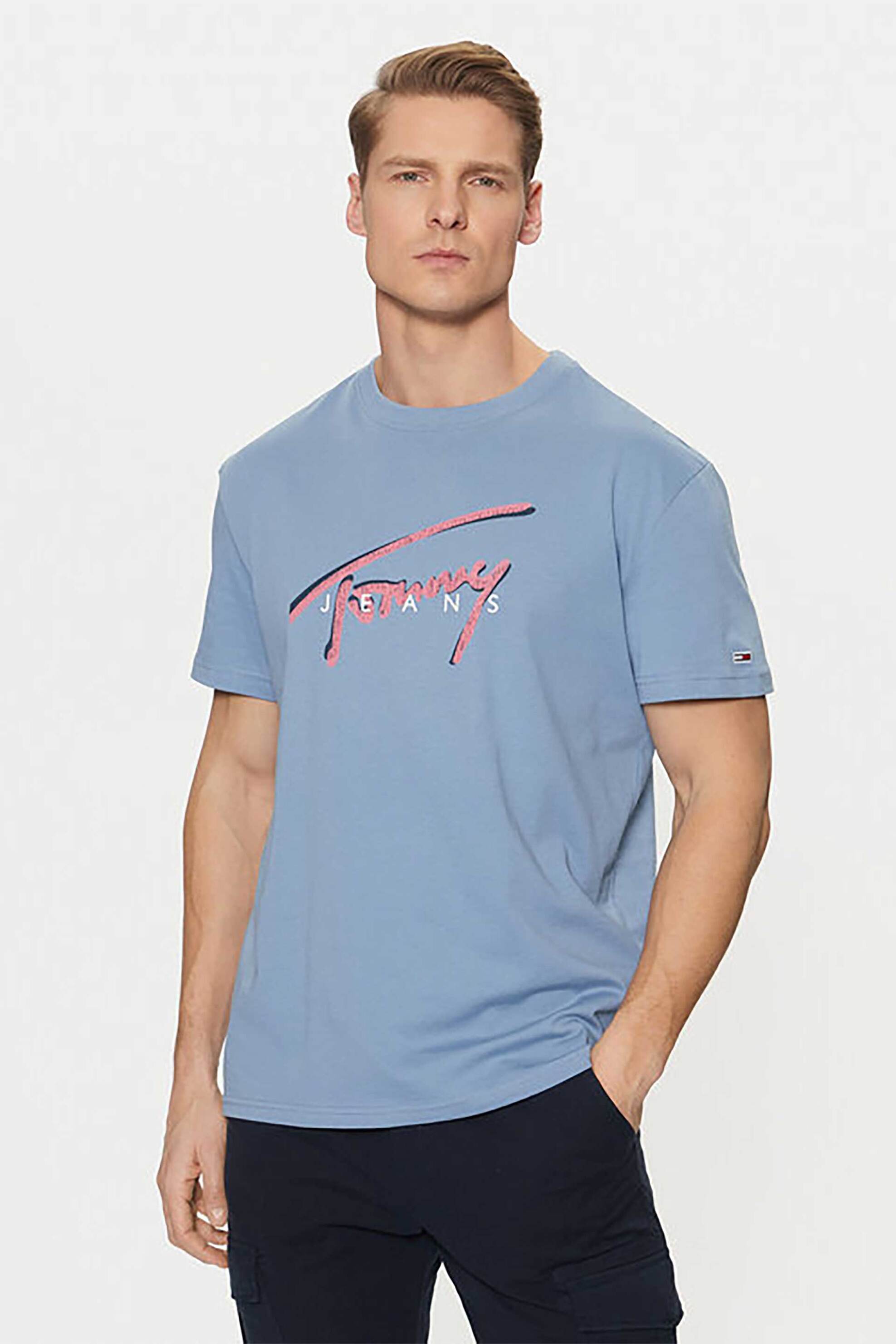 TOMMY JEANS Tommy Jeans ανδρικό T-shirt με λογότυπο Regular Fit - DM0DM21109 Γαλάζιο