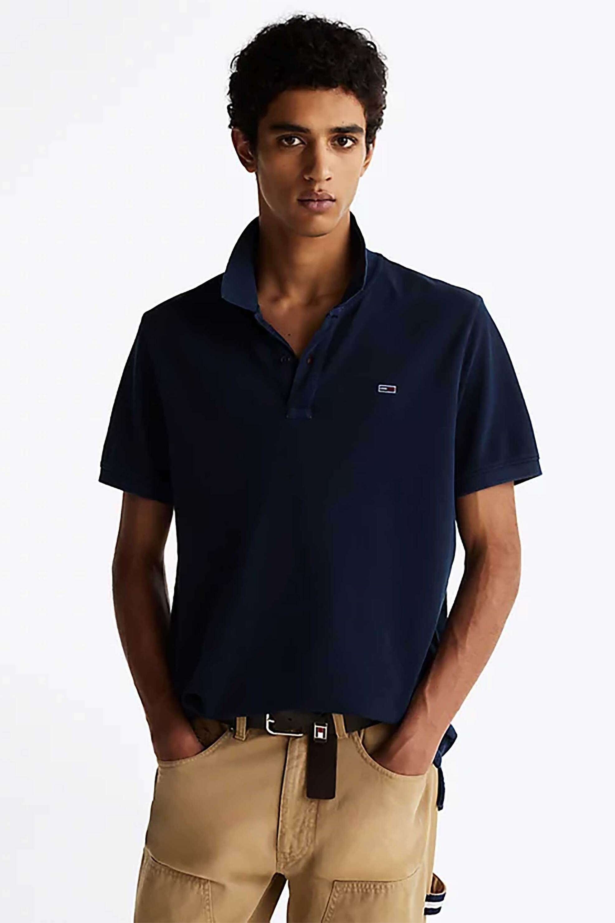 Tommy Jeans ανδρική μπλούζα πόλο μονόχρωμη με λογότυπο Slim Fit - DM0DM20226 Μπλε Σκούρο