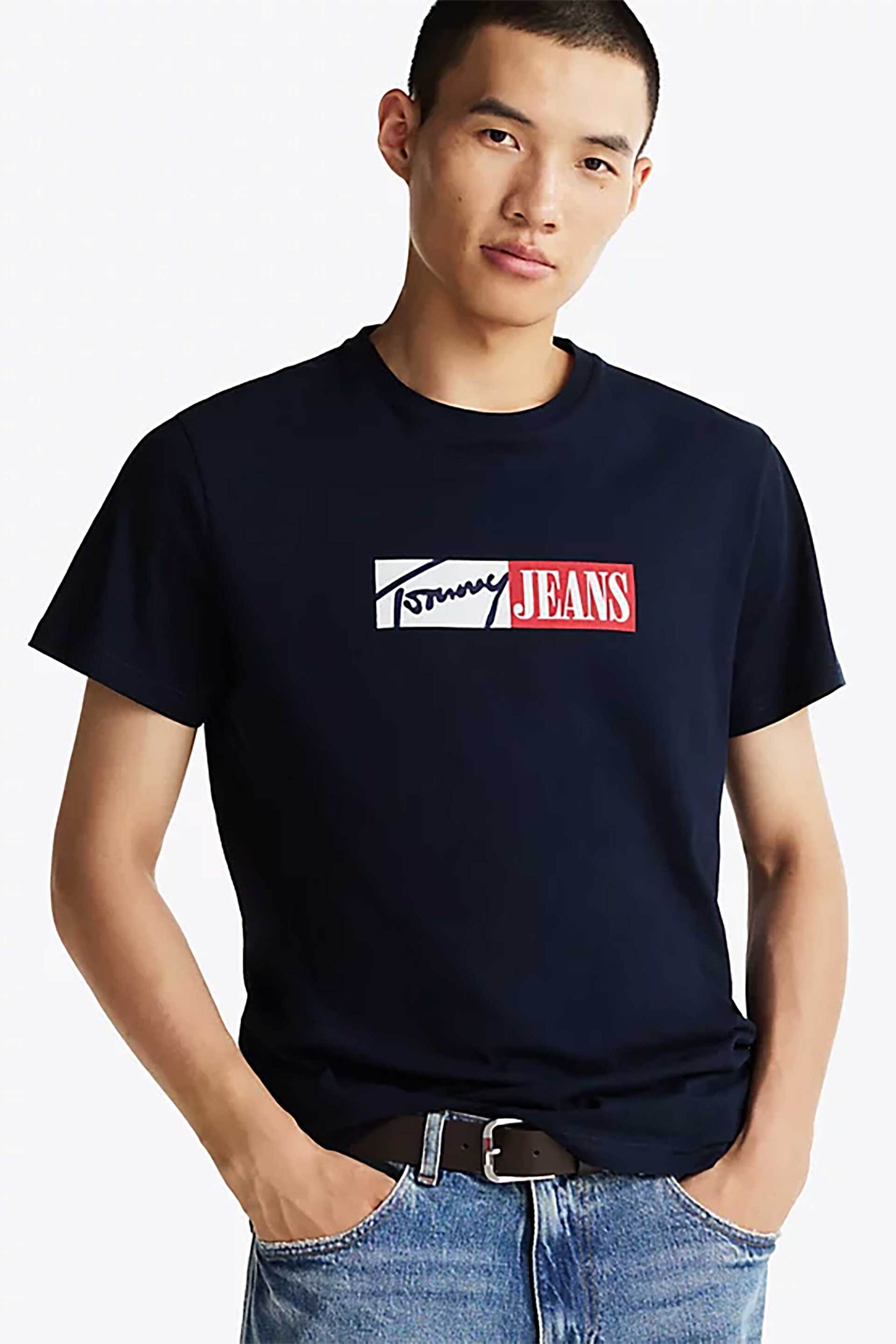 Tommy Jeans ανδρικό T-shirt με λογότυπο Slim Fit - DM0DM20365 Μπλε Σκούρο