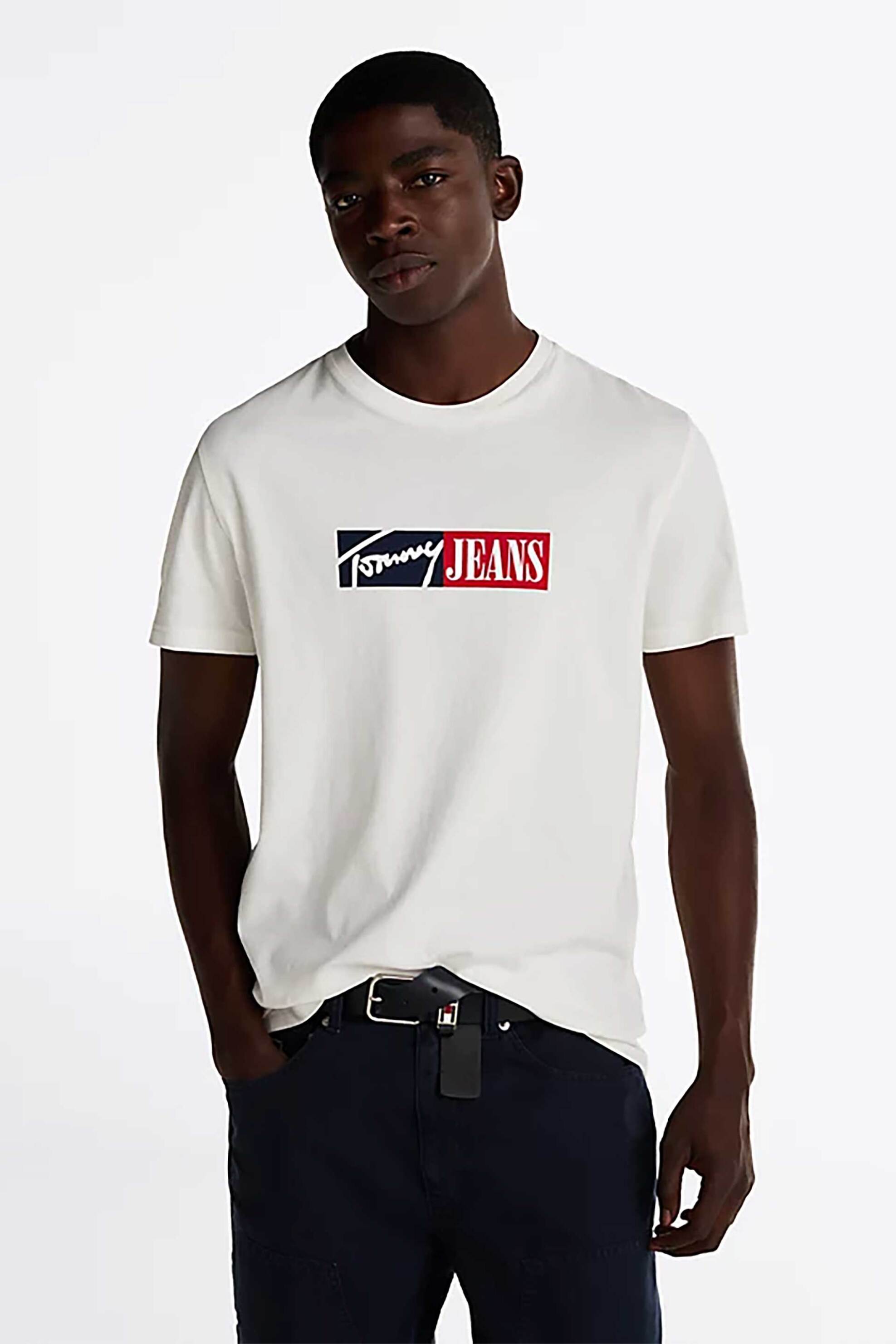 Tommy Jeans ανδρικό T-shirt με λογότυπο Slim Fit - DM0DM20365 Εκρού