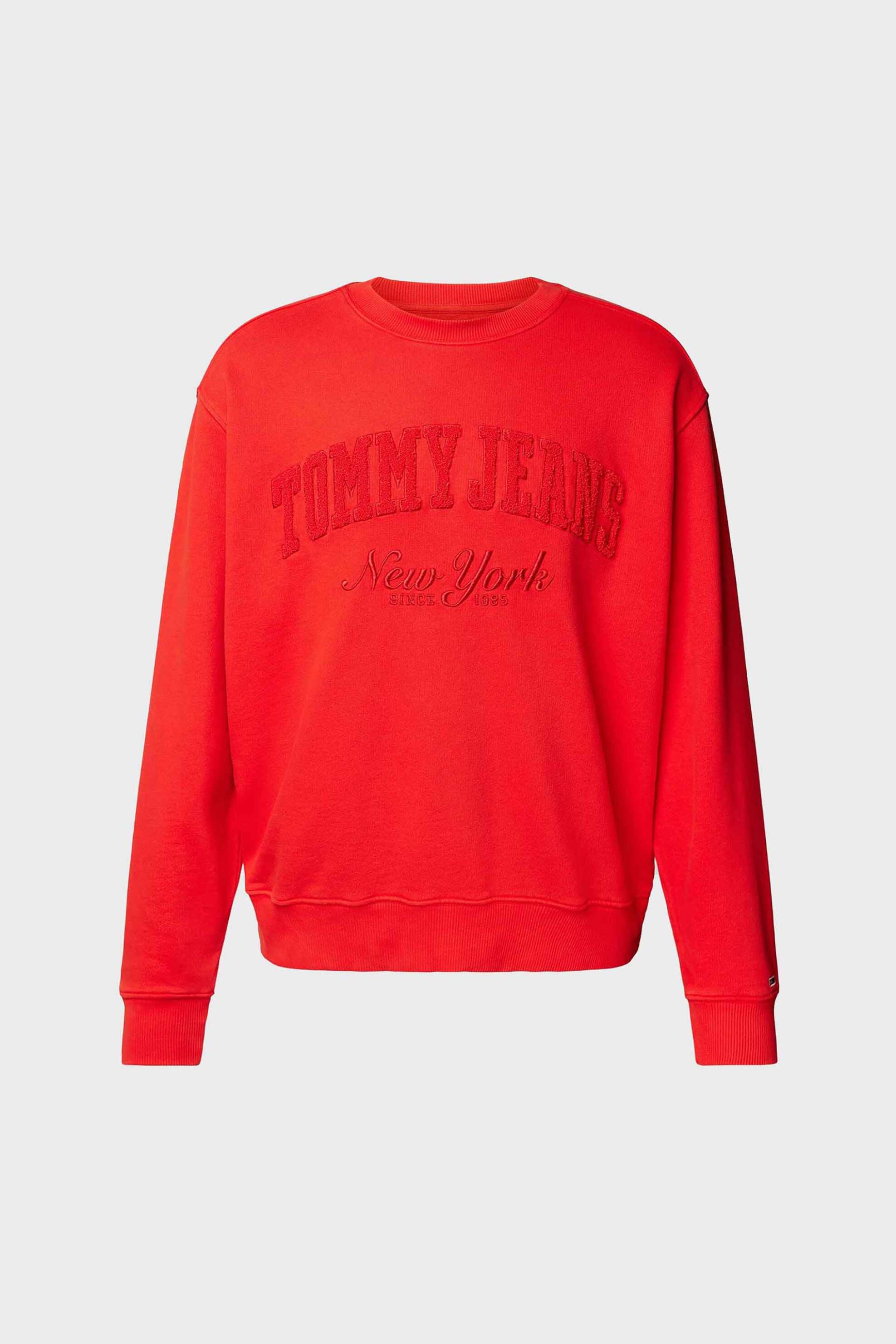 Tommy Jeans ανδρική μπλούζα φούτερ με ανάγλυφο λογότυπο και ribbed λεπτομέρειες - DM0DM20262 Κόκκινο