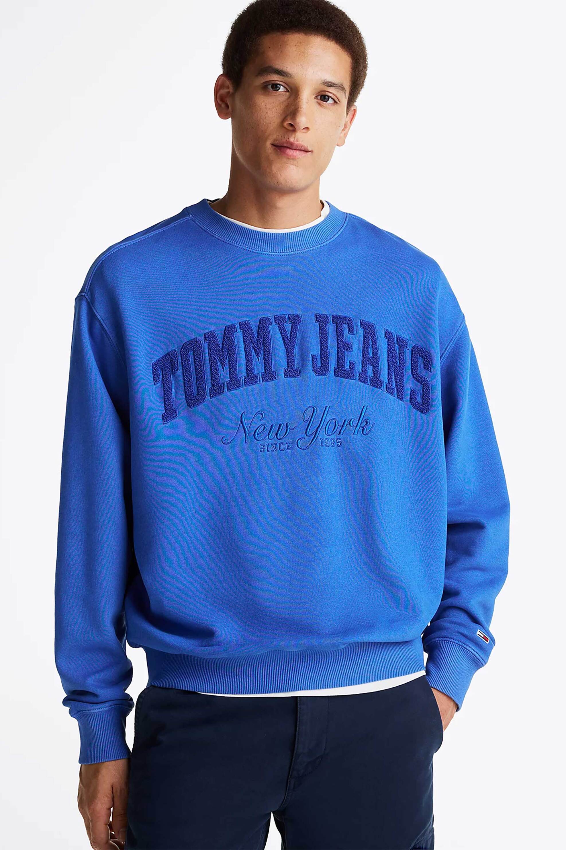 Tommy Jeans ανδρική μπλούζα φούτερ με ανάγλυφο λογότυπο και ribbed λεπτομέρειες - DM0DM20262 Μπλε