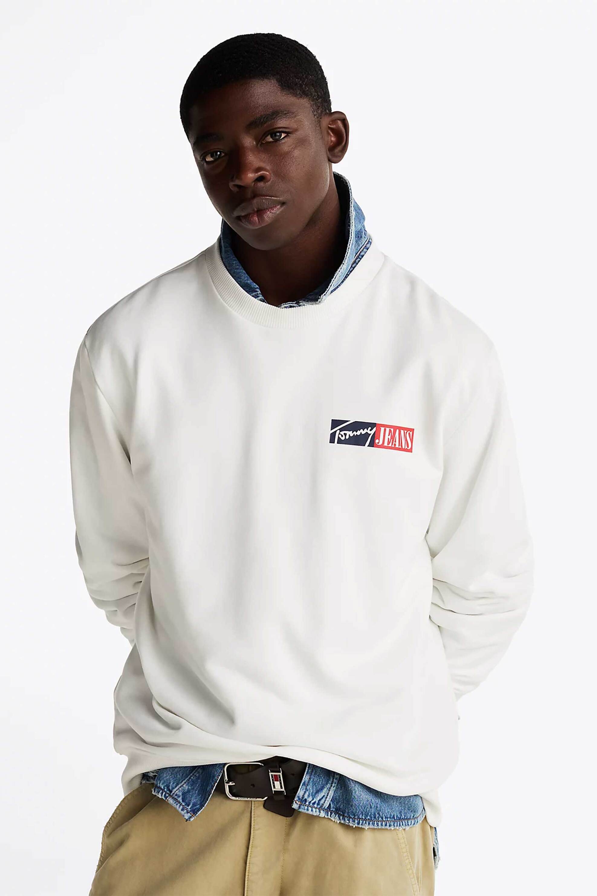 Tommy Jeans ανδρική μπλούζα φούτερ μονόχρωμη με λογότυπο - DM0DM20341 Εκρού