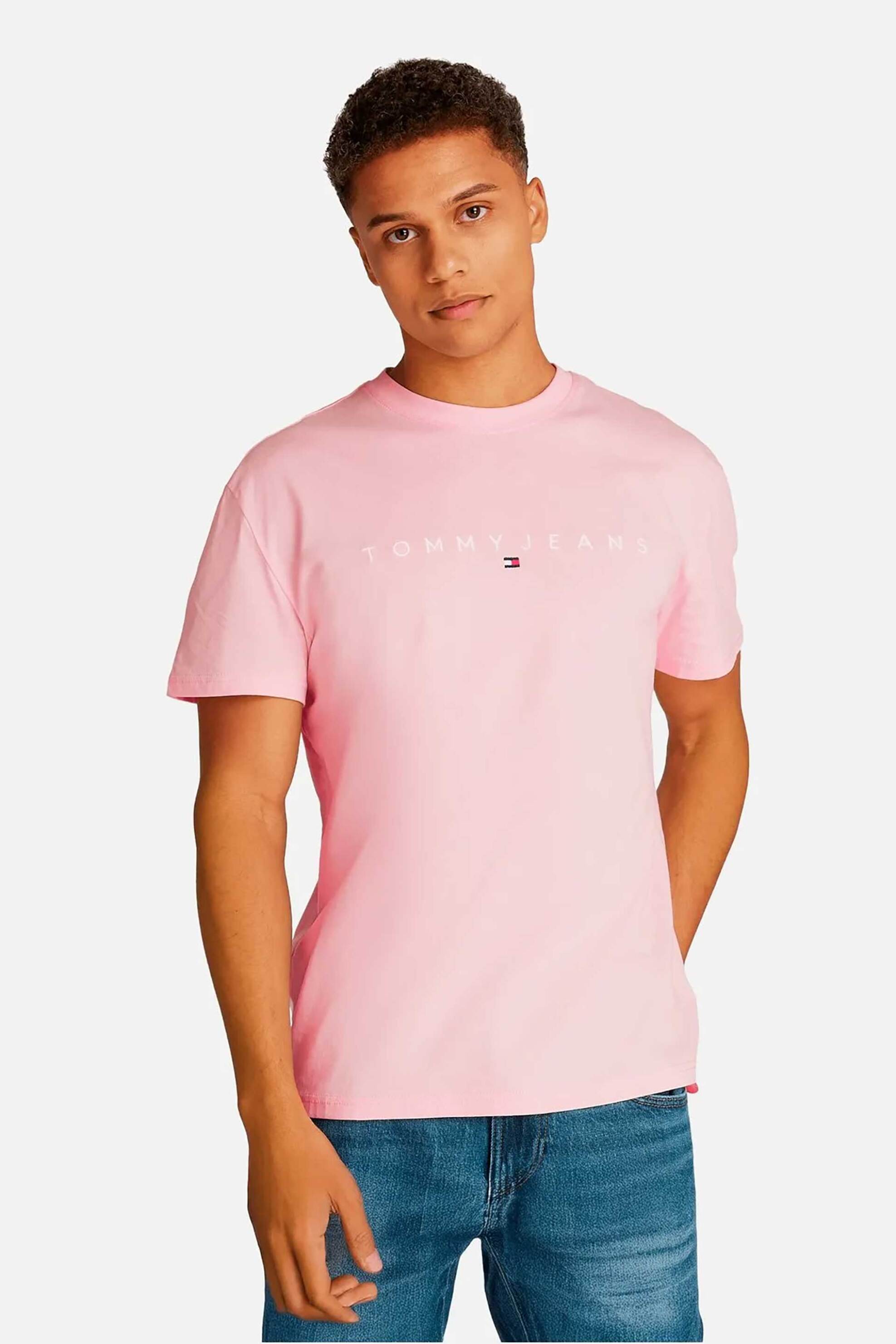 Tommy Jeans ανδρικό T-shirt με λογότυπο Regular Fit - DM0DM20744 Ροζ Ανοιχτό