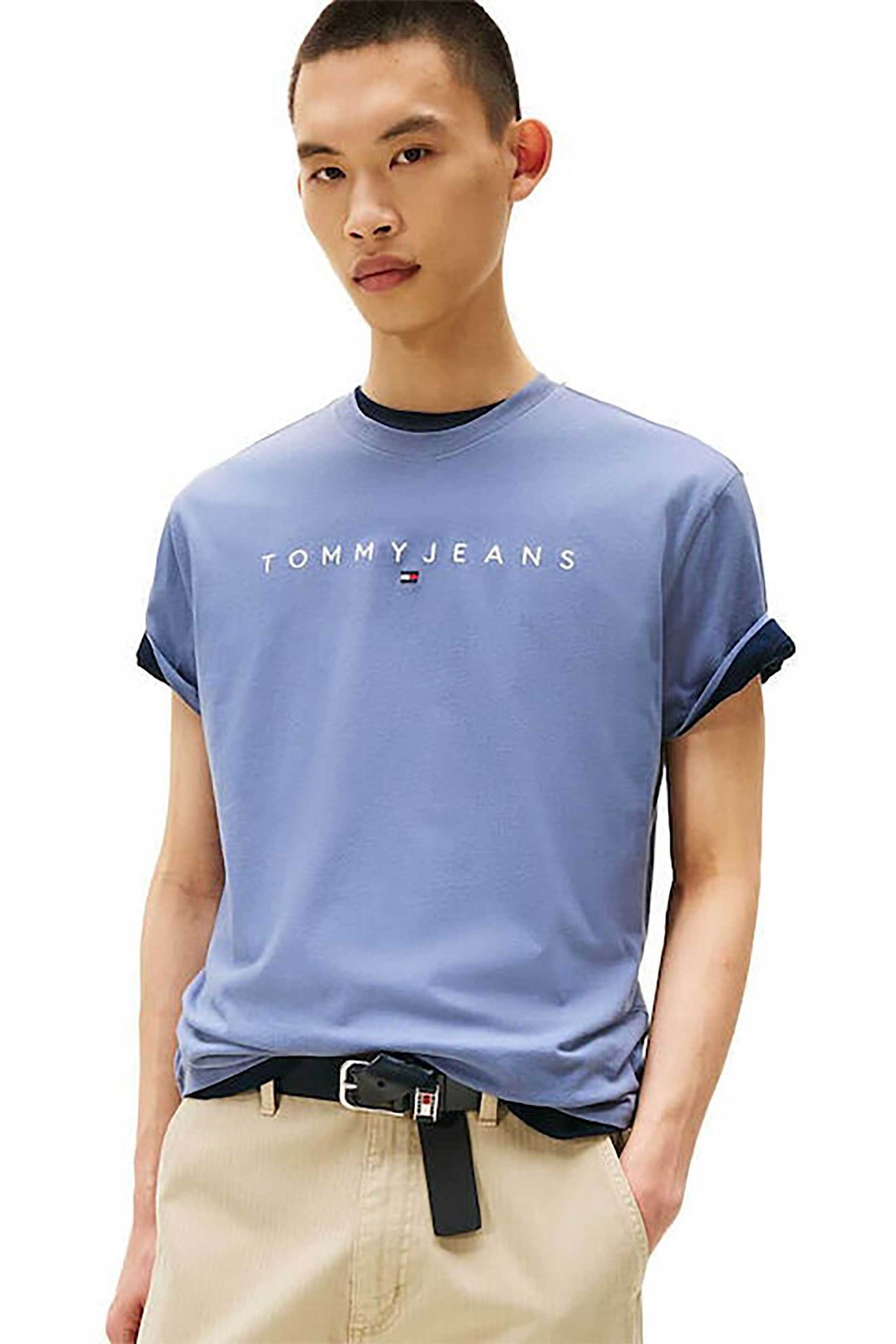 Tommy Jeans ανδρικό T-shirt με λογότυπο Regular Fit - DM0DM20744 Μπλε Ανοιχτό