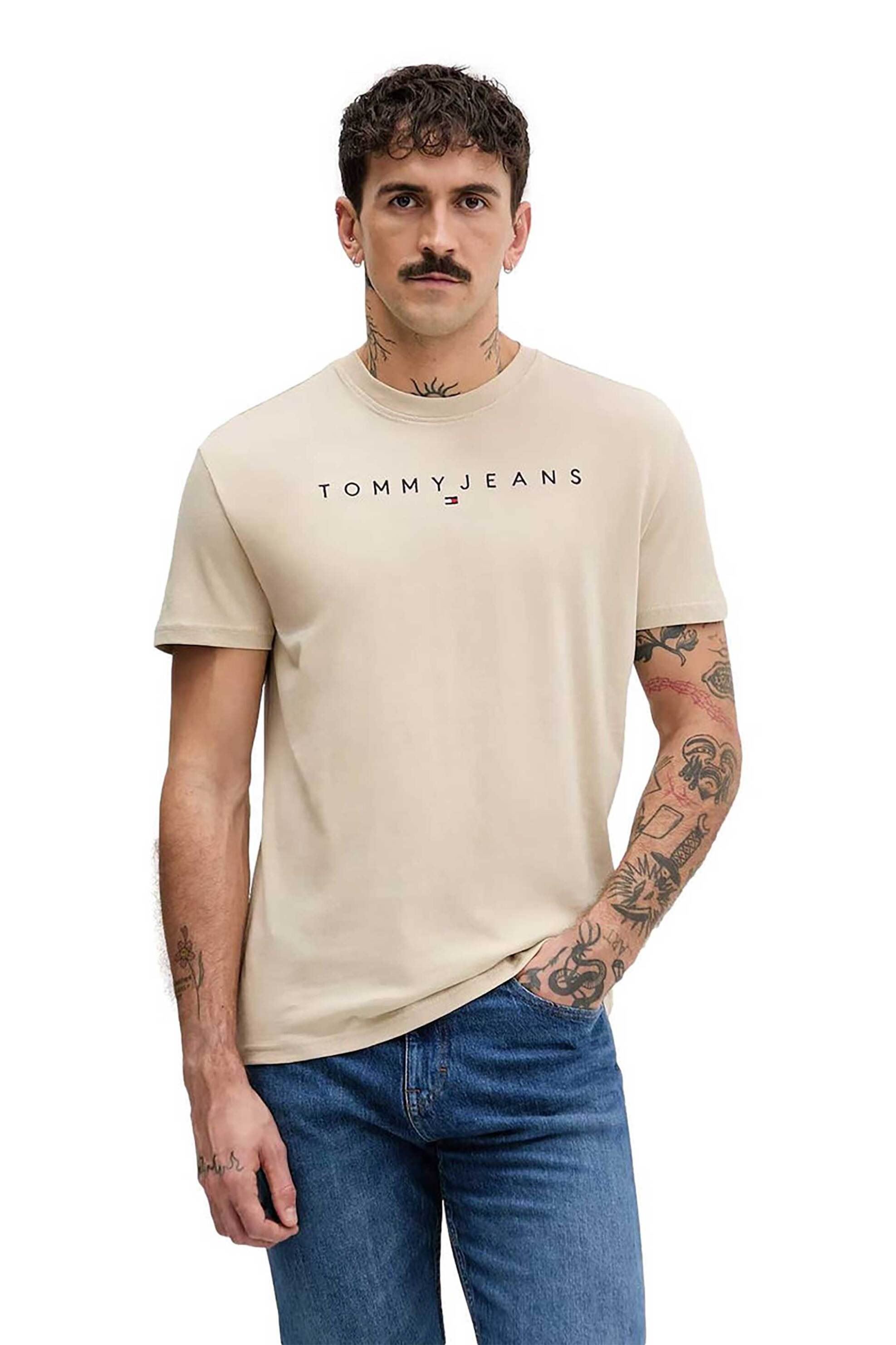 Tommy Jeans ανδρικό T-shirt με λογότυπο Regular Fit - DM0DM20744 Μπεζ