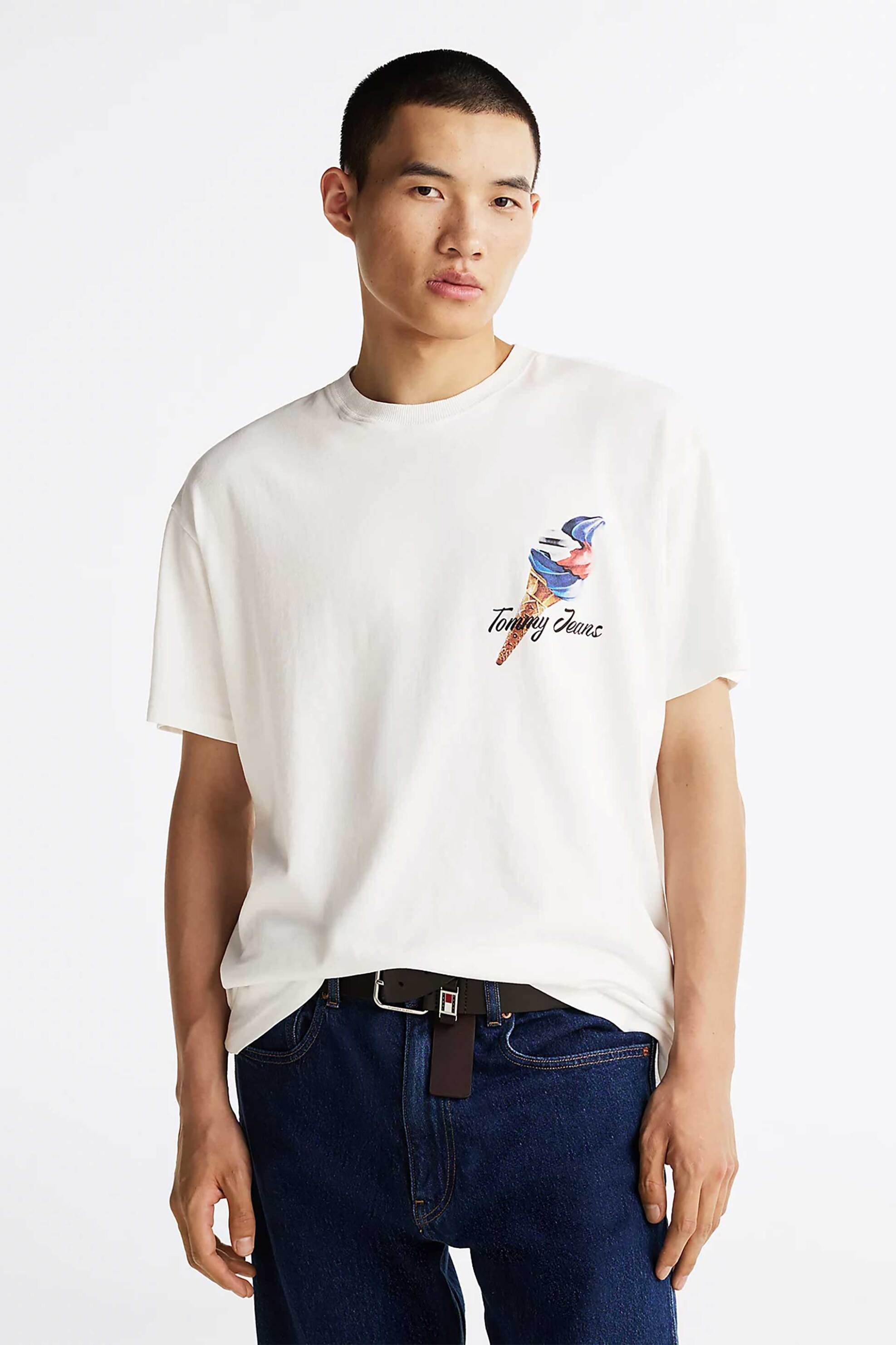 Tommy Jeans ανδρικό T-shirt με λογότυπο Relaxed Fit - DM0DM20352 Εκρού