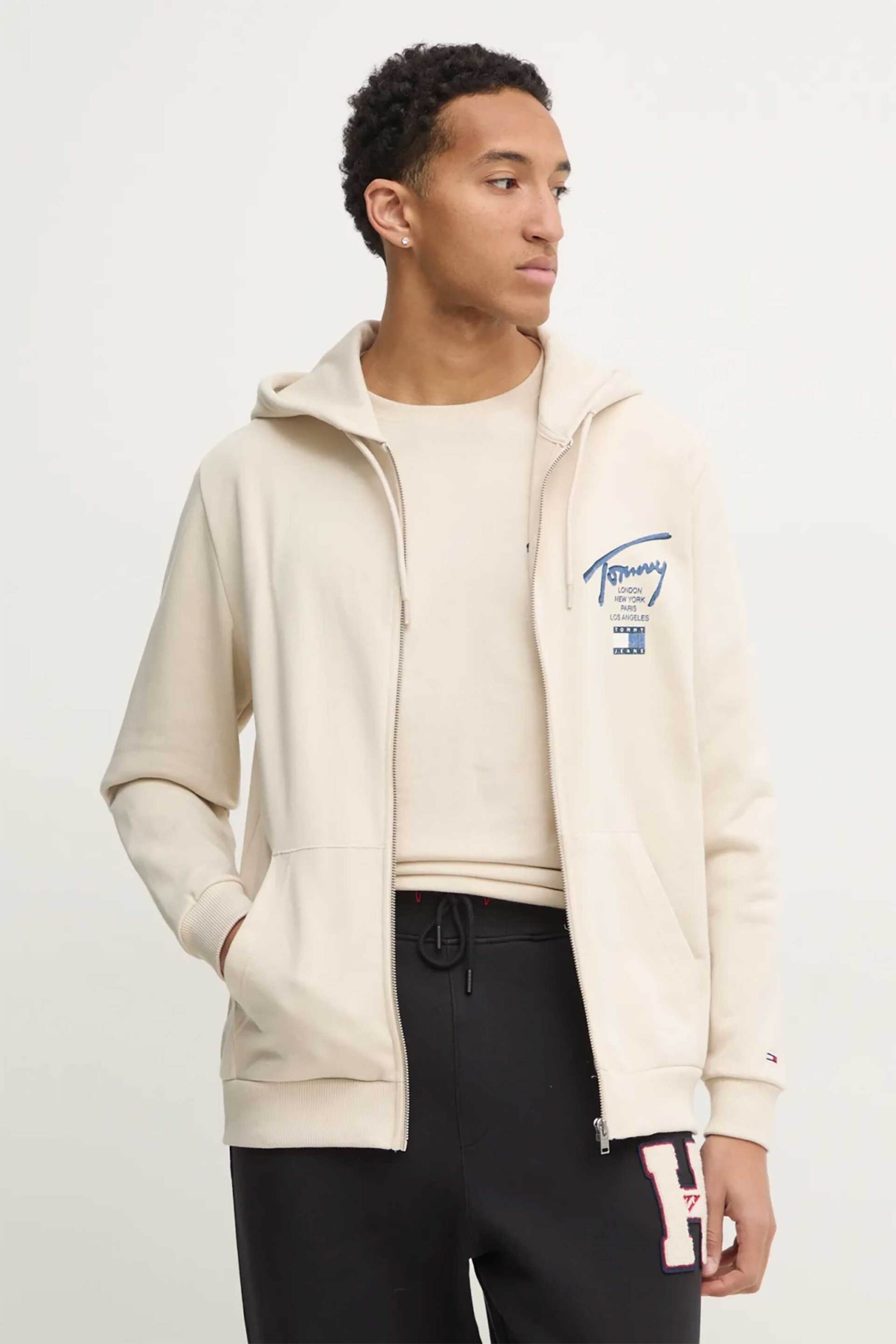 Tommy Jeans ανδρική ζακέτα φούτερ με κουκούλα - DM0DM21101 Μπεζ