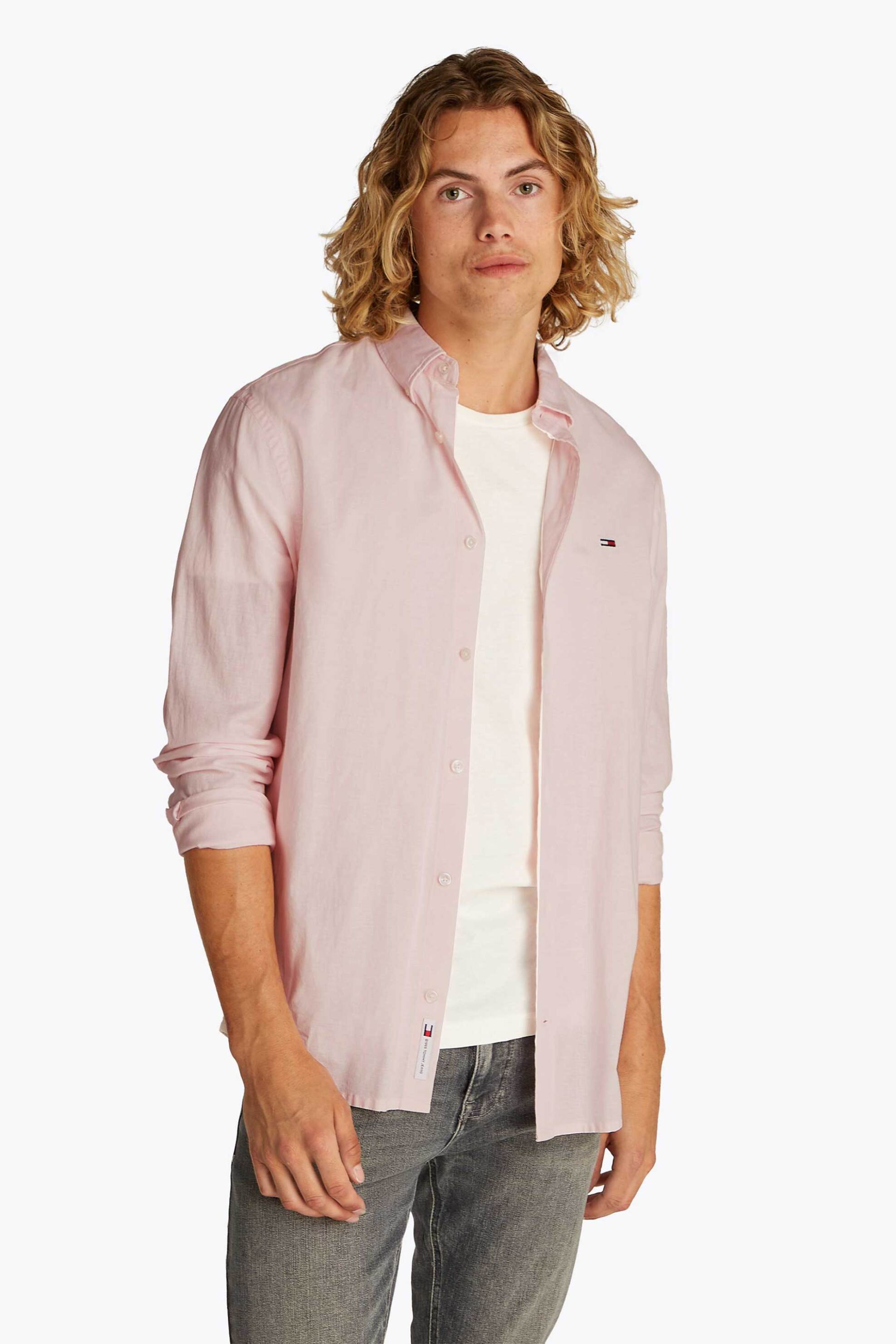 Tommy Jeans ανδρικό πουκάμισο με λογότυπο - DM0DM20875 Ροζ Ανοιχτό