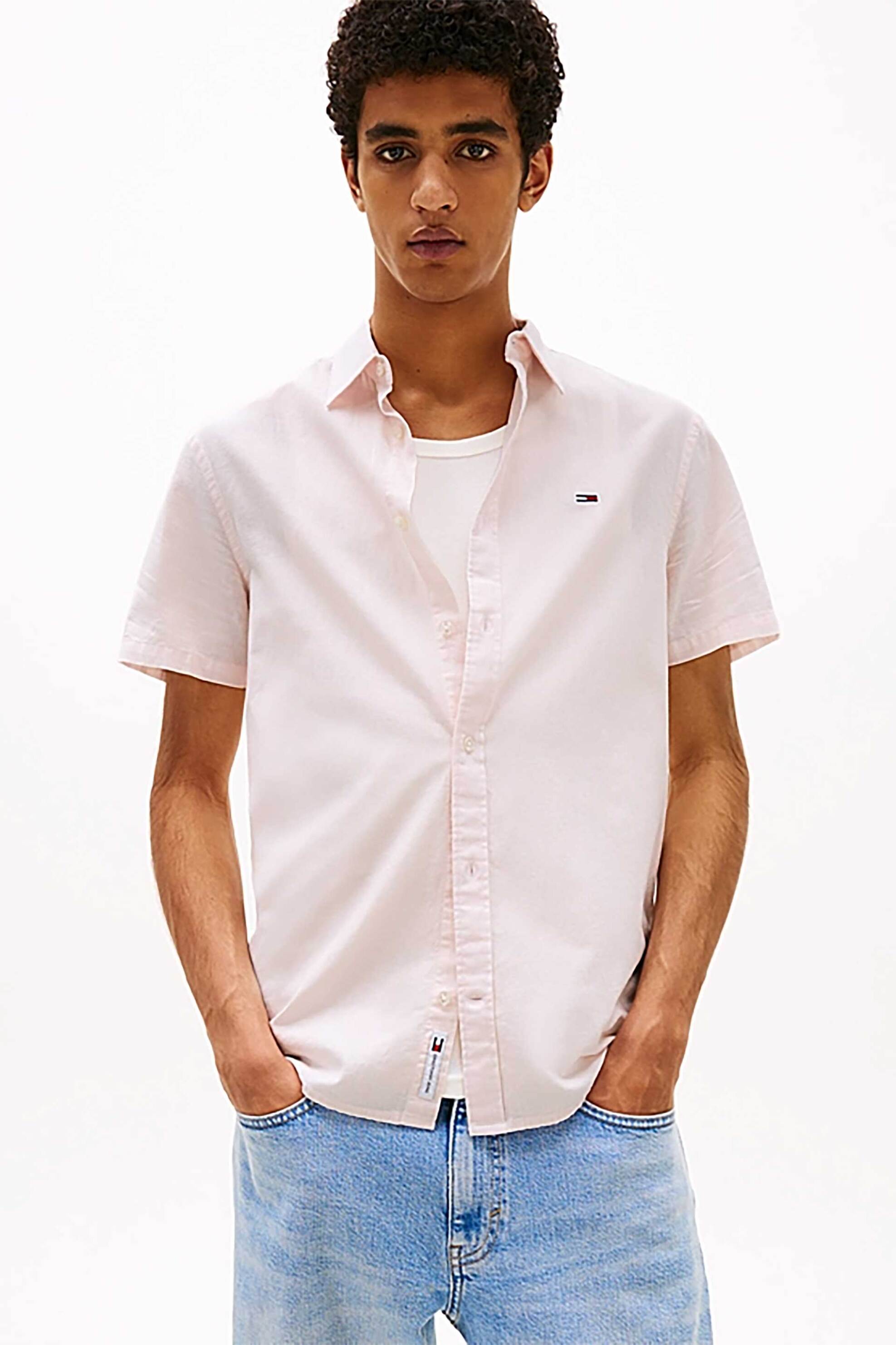 Tommy Jeans ανδρικό πουκάμισο με ριγέ σχέδιο και λογότυπο - DM0DM20894 Ροζ Ανοιχτό