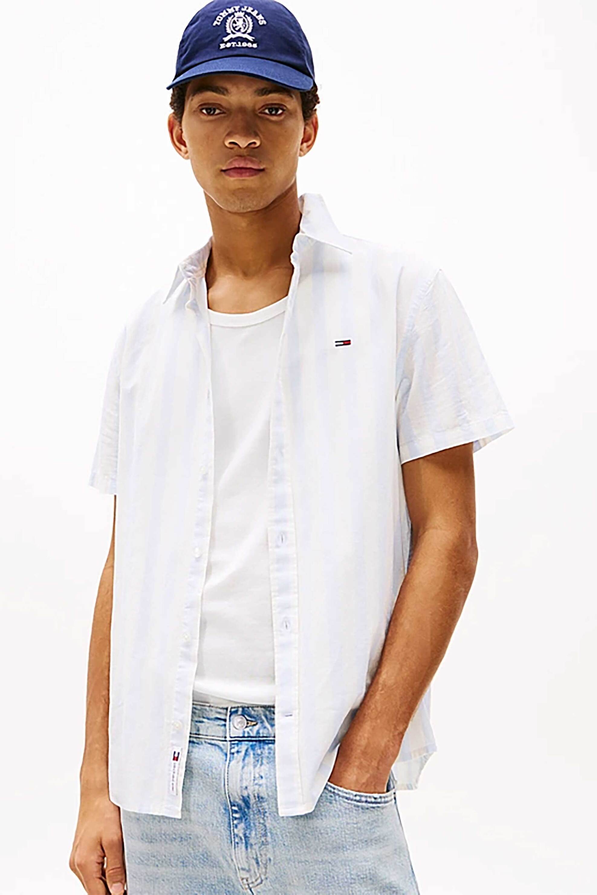 Tommy Jeans ανδρικό πουκάμισο με ριγέ σχέδιο και λογότυπο - DM0DM20894 Γαλάζιο