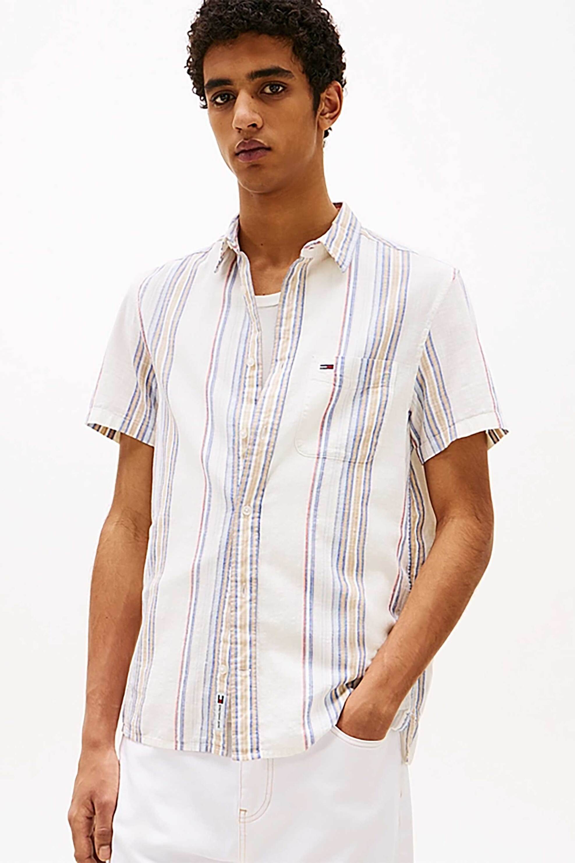Tommy Jeans ανδρικό πουκάμισο με ριγέ σχέδιο και λογότυπο Regular Fit - DM0DM21302 Λευκό