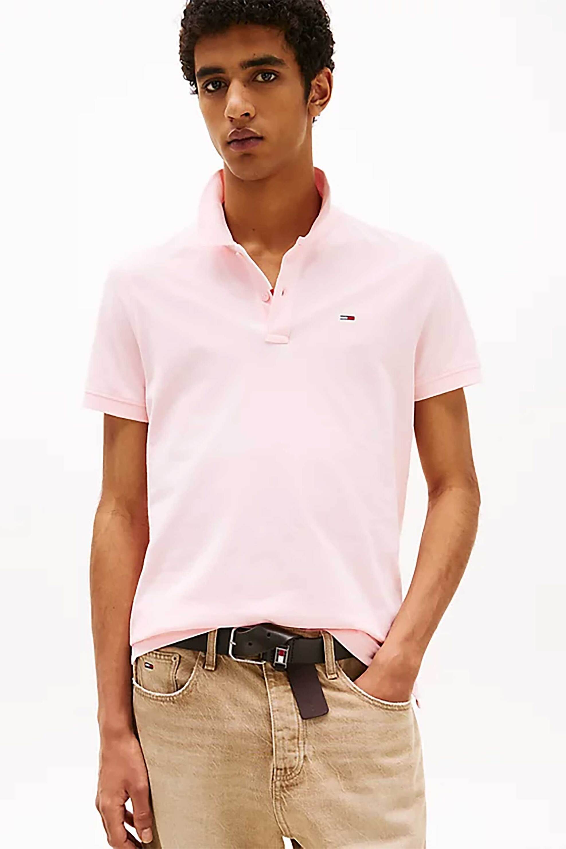 Tommy Jeans ανδρική μπλούζα πόλο μονόχρωμη Slim Fit - DM0DM20676 Ροζ Ανοιχτό