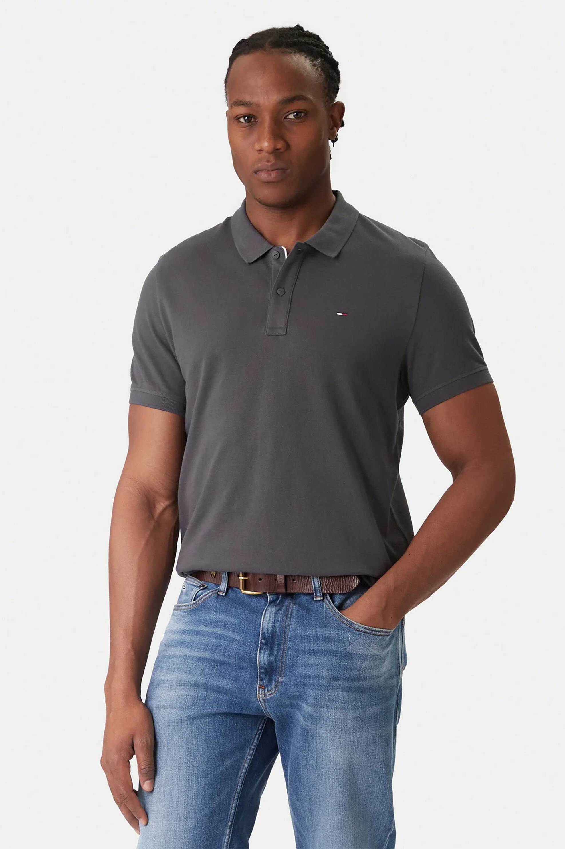 Tommy Jeans ανδρική μπλούζα πόλο μονόχρωμη Slim Fit - DM0DM20676 Ανθρακί