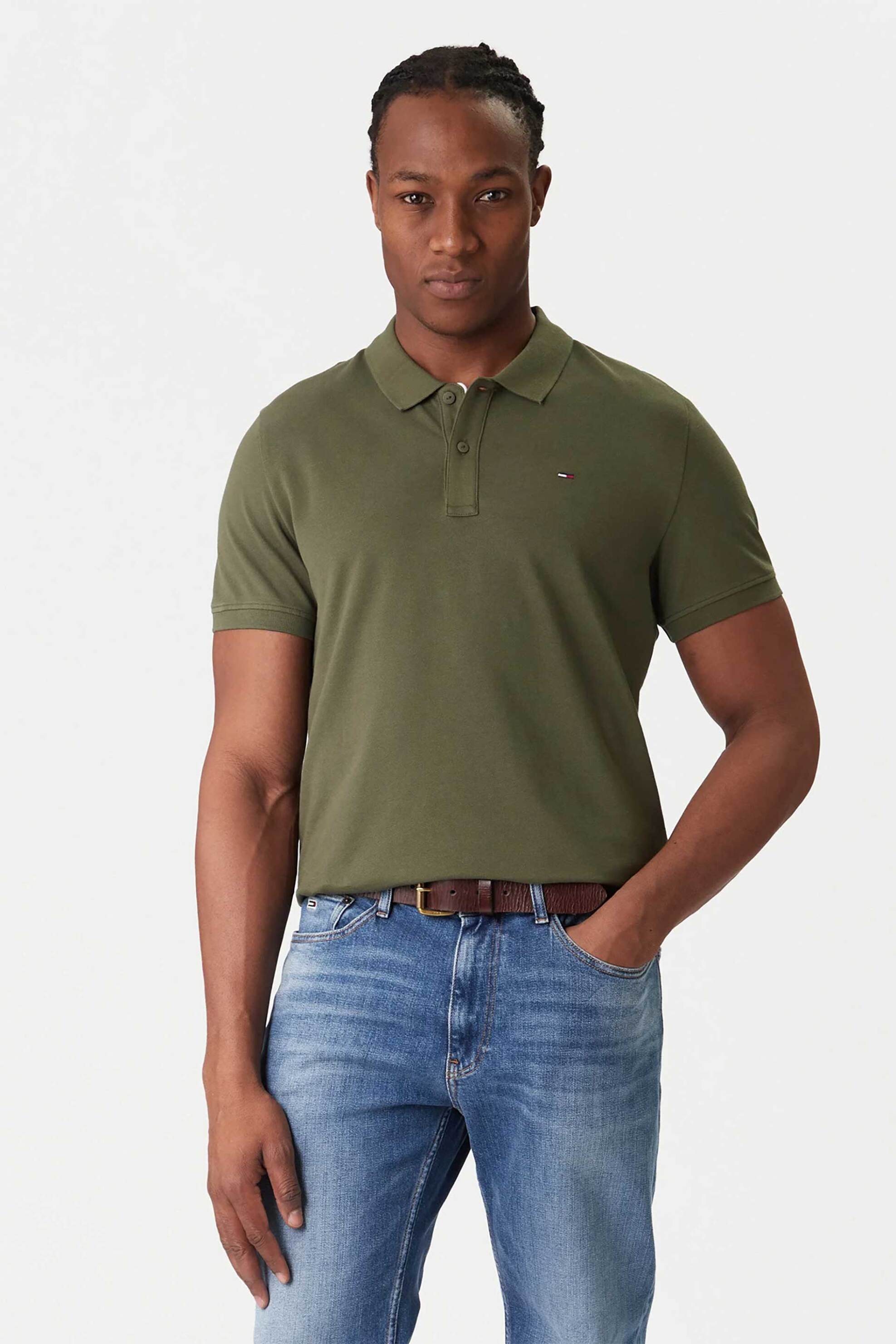 Tommy Jeans ανδρική μπλούζα πόλο μονόχρωμη Slim Fit - DM0DM20676 Λαδί