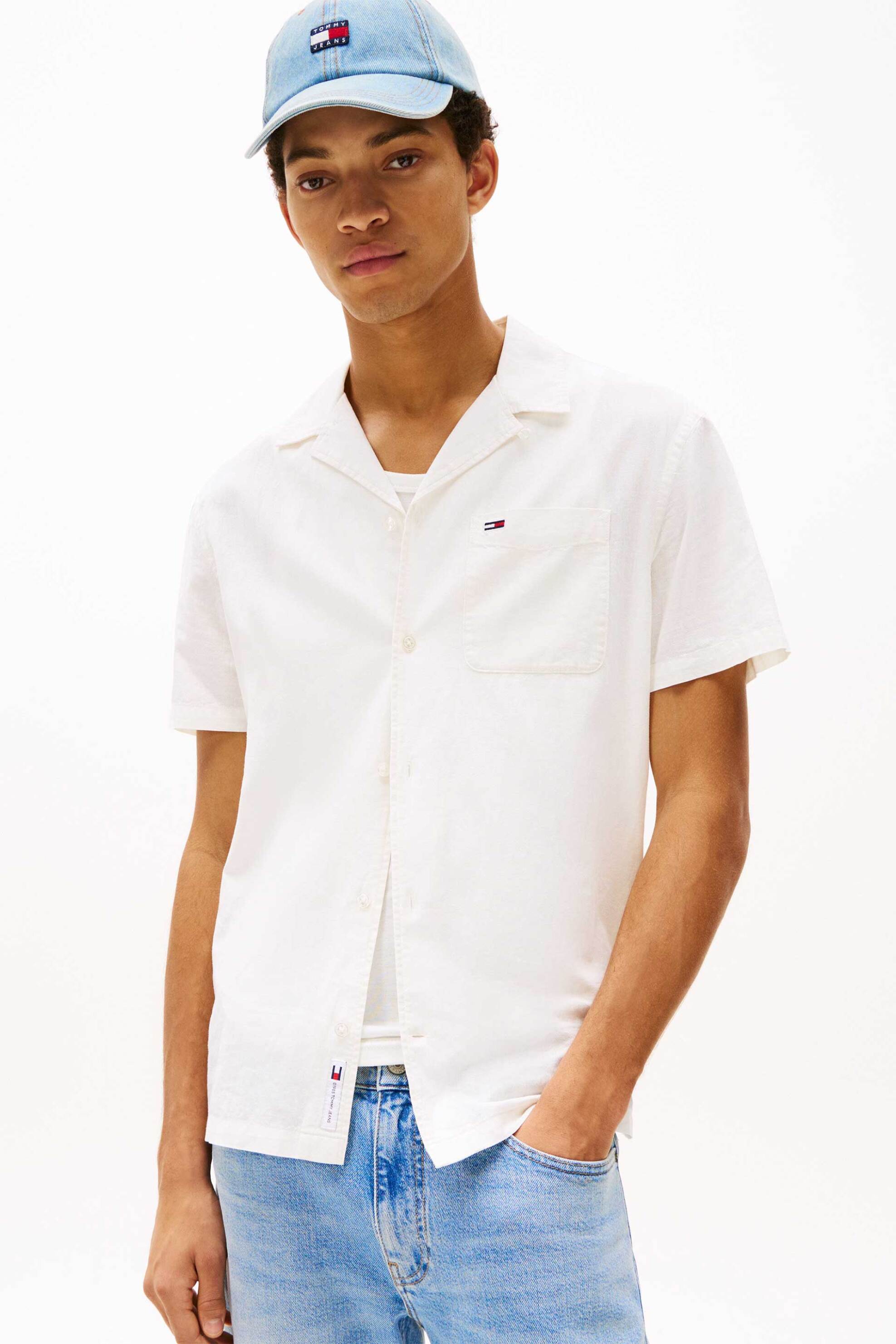 Tommy Jeans ανδρικό πουκάμισο μονόχρωμο με λογότυπο - DM0DM20895 Εκρού