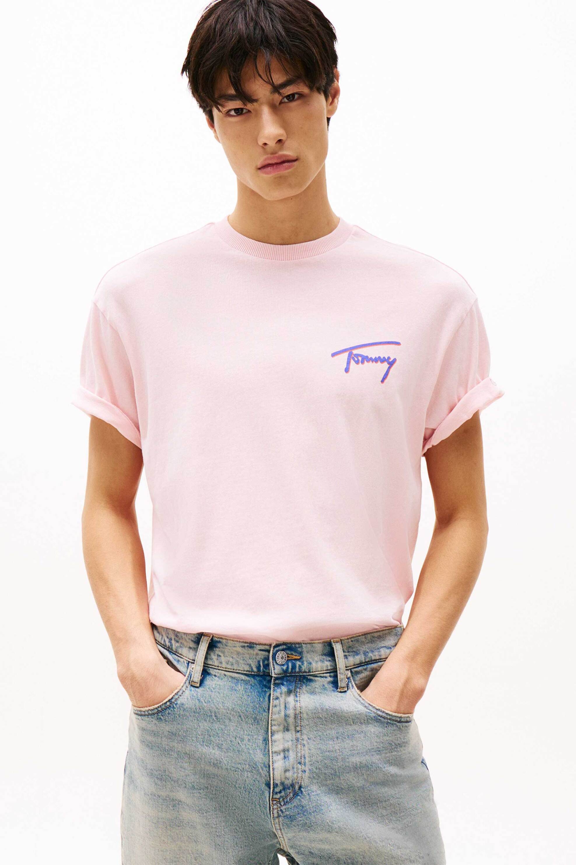 Tommy Jeans ανδρικό T-shirt με λογότυπο - DM0DM20768 Ροζ Ανοιχτό