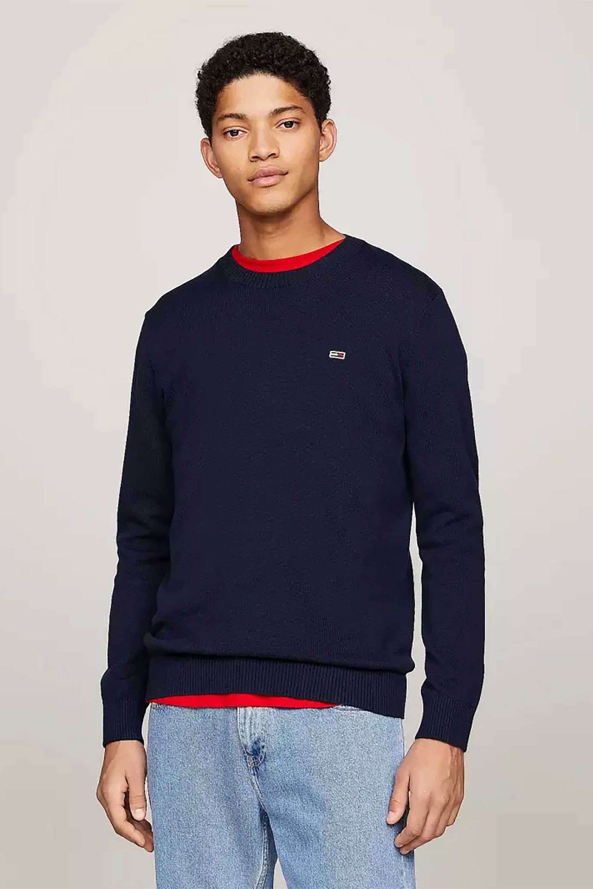 Tommy Jeans ανδρική πλεκτή μπλούζα μονόχρωμη με λογότυπο - DM0DM18895 Μπλε Σκούρο