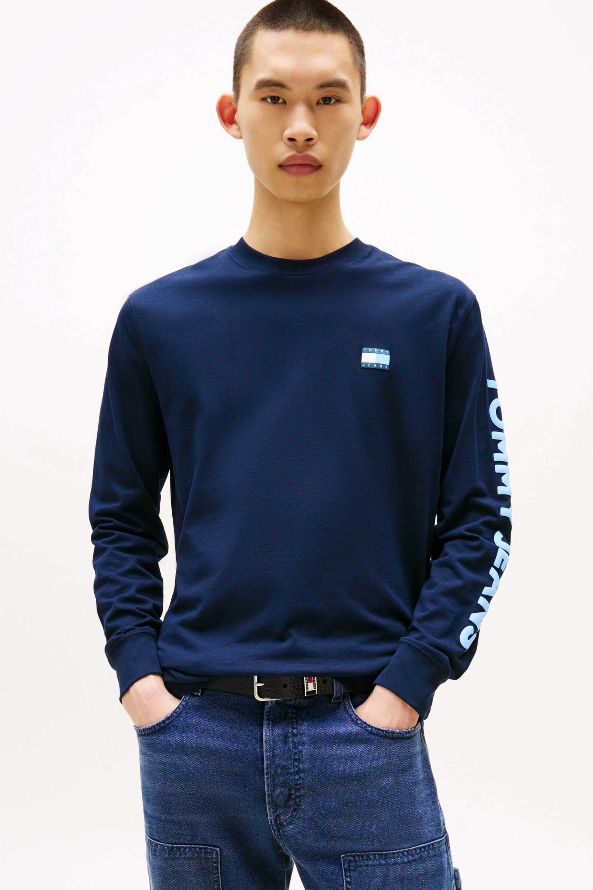 Tommy Jeans ανδρική μακρυμάνικη μπλούζα με λογότυπο στο μανίκι Regular Fit - DM0DM21591 Μπλε Σκούρο