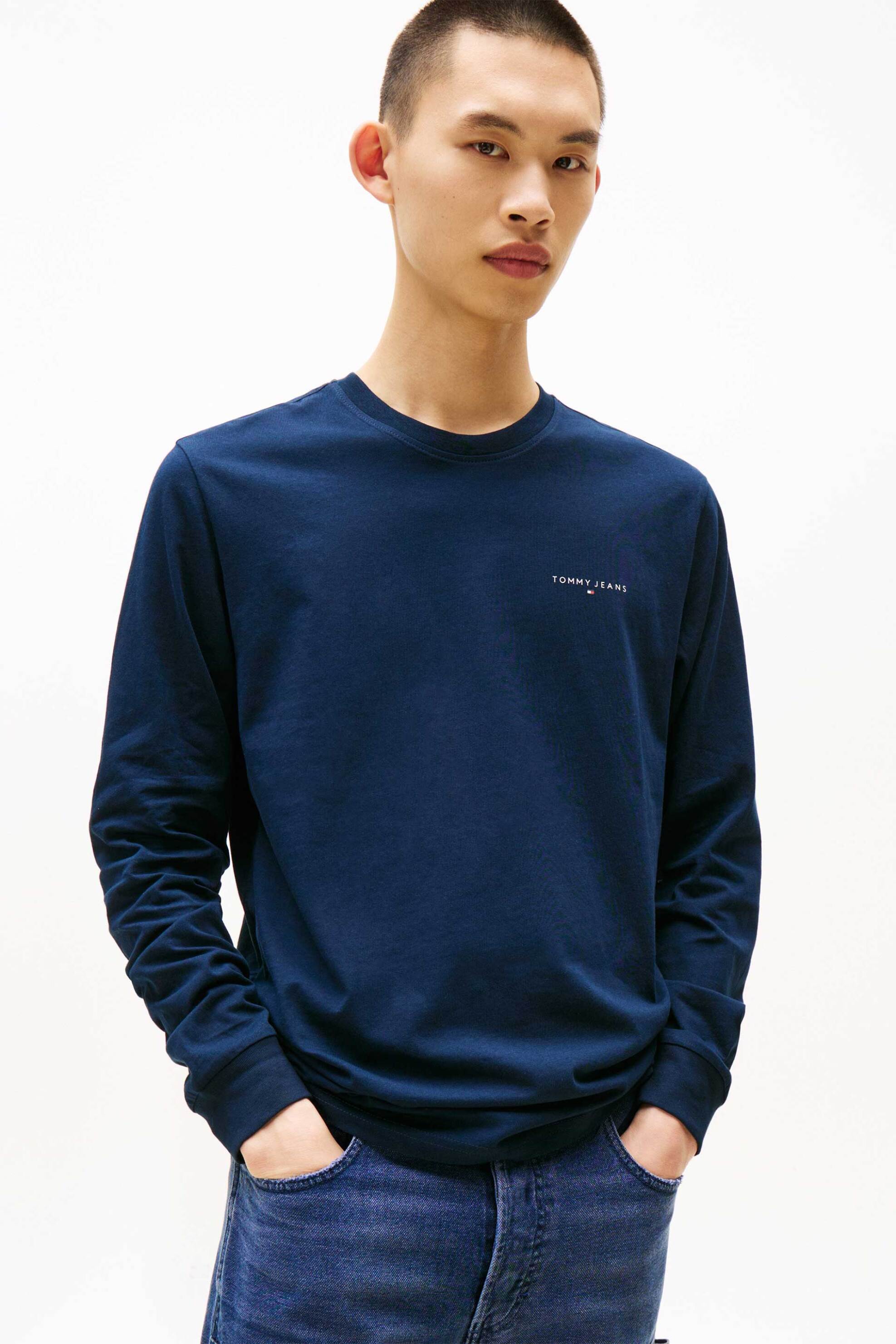 Tommy Jeans ανδρική μακρυμάνικη μπλούζα με λογότυπο Slim Fit - DM0DM21594 Μπλε Σκούρο