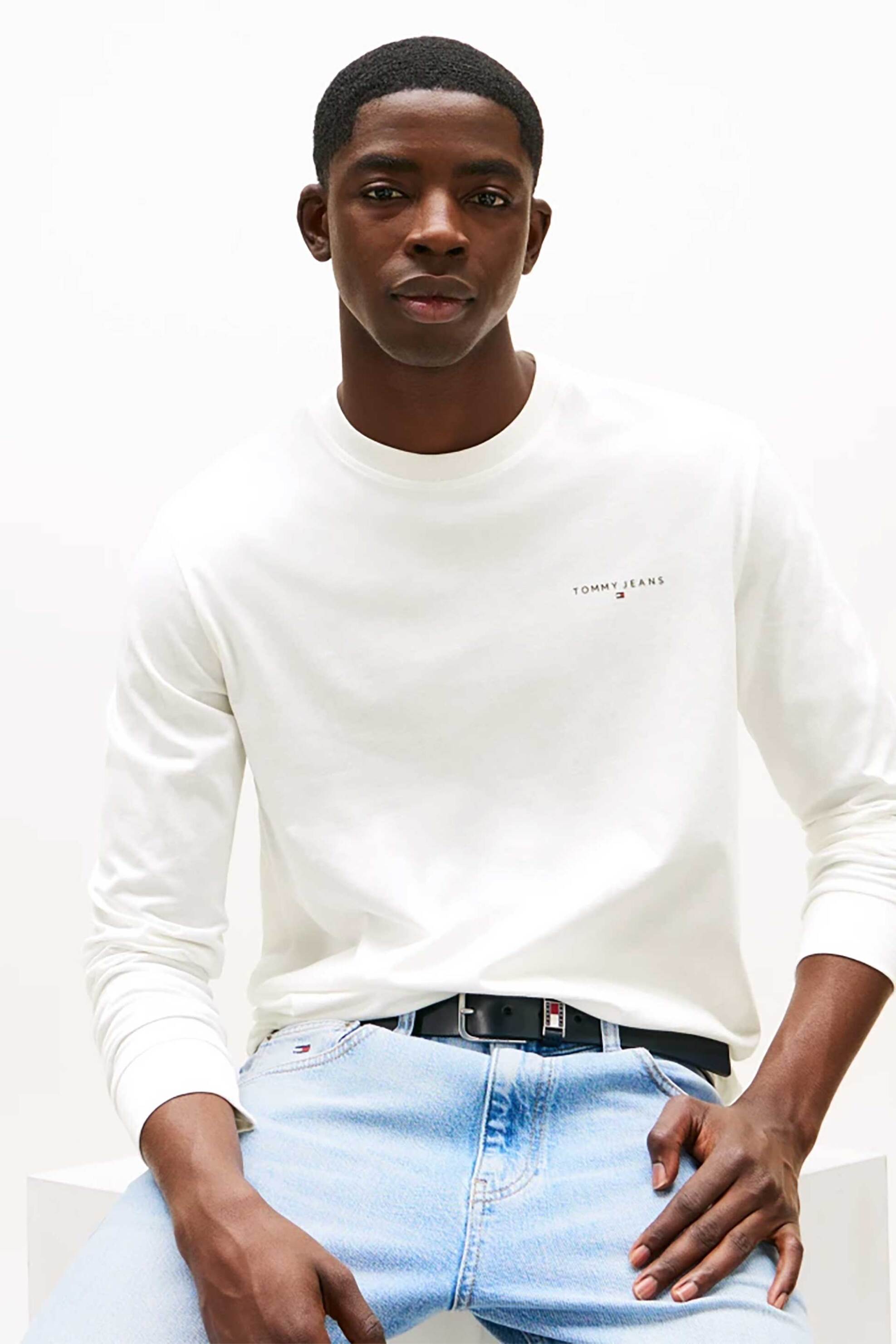 Tommy Jeans ανδρική μακρυμάνικη μπλούζα με λογότυπο Slim Fit - DM0DM21594 Εκρού
