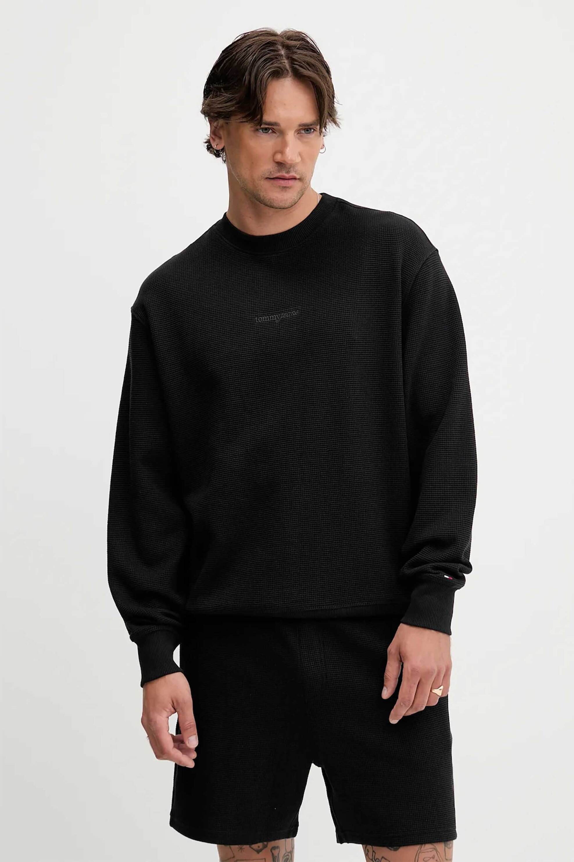 Tommy Jeans ανδρική μακρυμάνικη μπλούζα με waffle pattern Regular Fit - DM0DM21622 Μαύρο