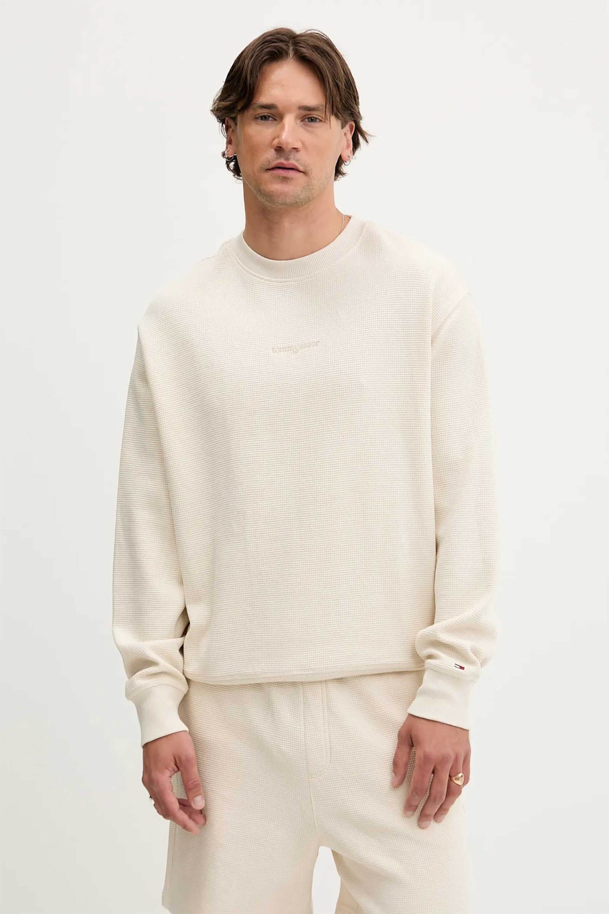 Tommy Jeans ανδρική μακρυμάνικη μπλούζα με waffle pattern Regular Fit - DM0DM21622 Εκρού