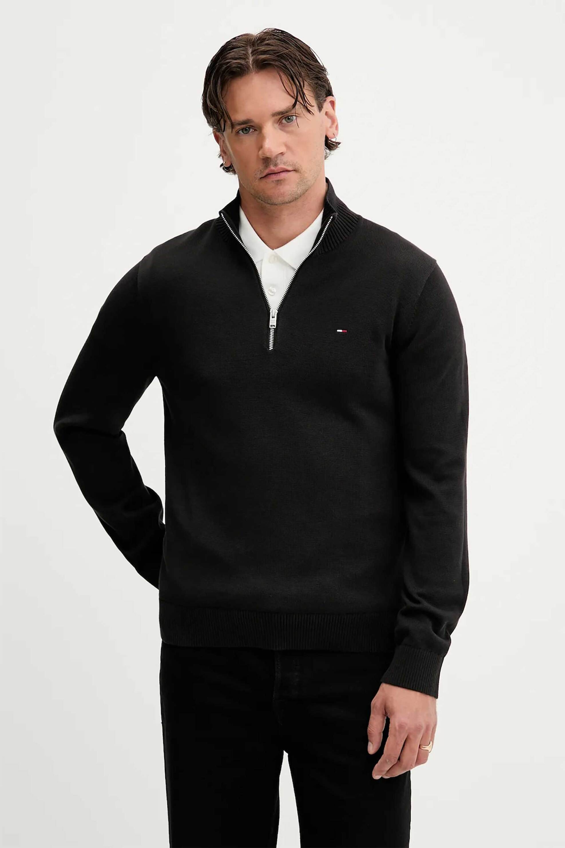 Tommy Jeans ανδρική πλεκτή μπλούζα με ψηλό λαιμό και φερμουάρ Regular Fit - DM0DM21654 Μαύρο
