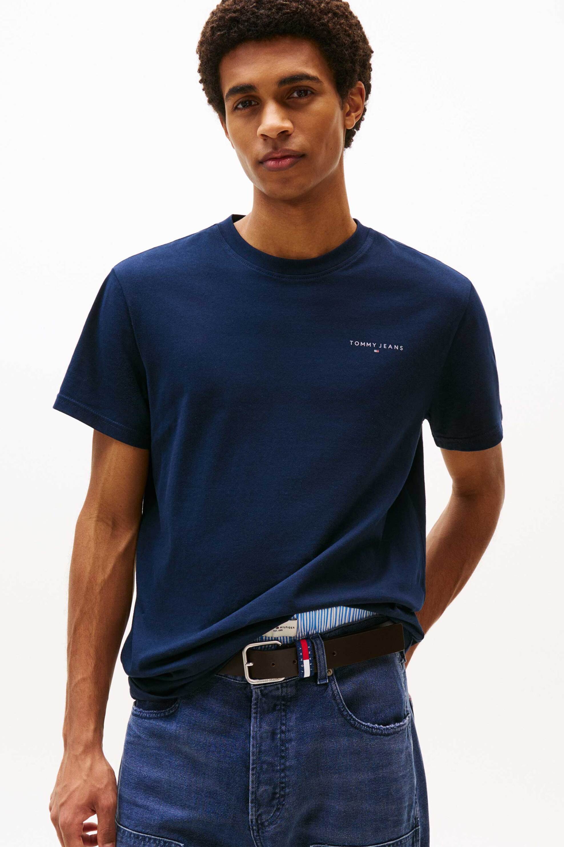 Tommy Jeans ανδρικό T-shirt μονόχρωμο με λογότυπο Slim Fit - DM0DM21780 Μπλε Σκούρο