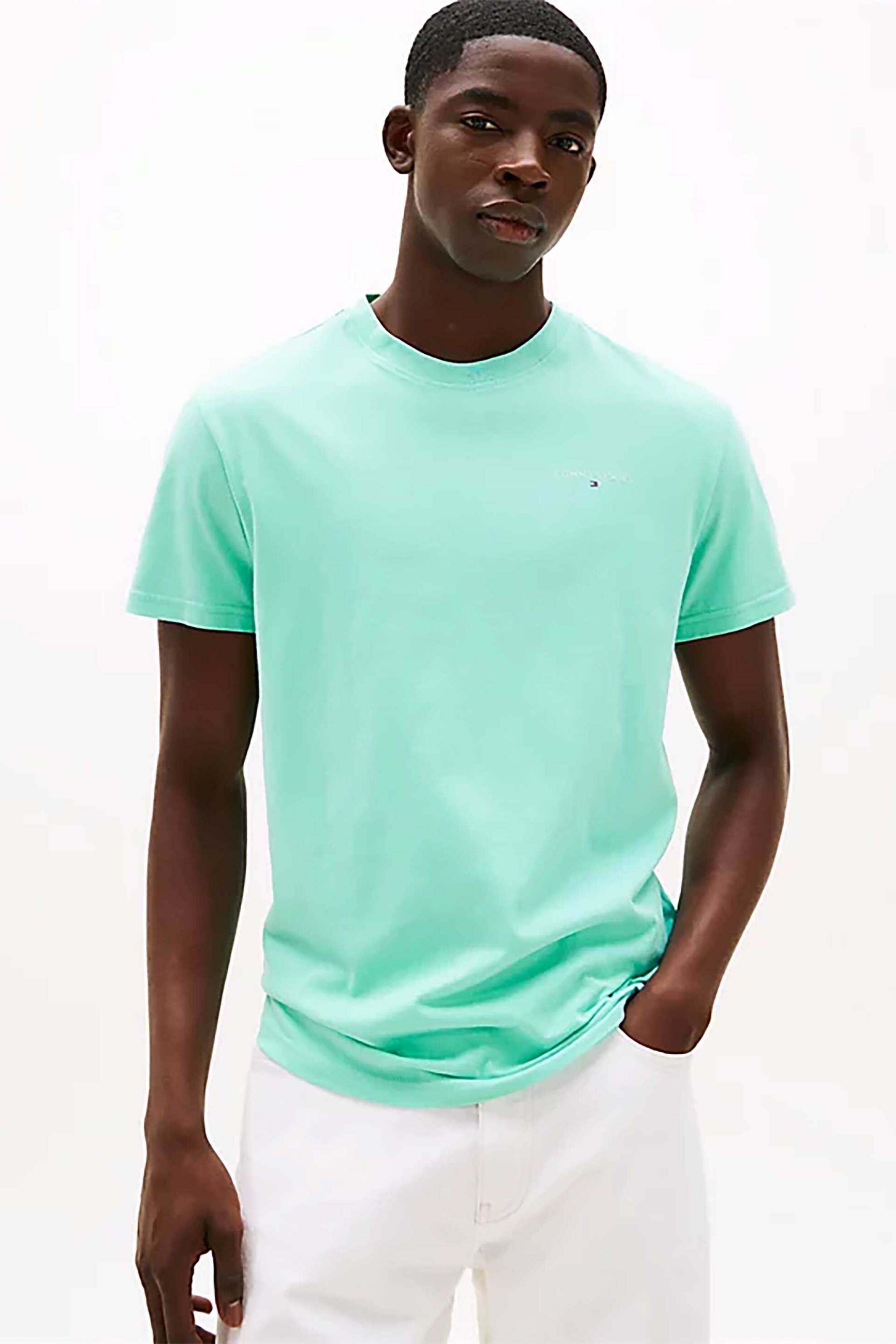 Tommy Jeans ανδρικό T-shirt μονόχρωμο με λογότυπο Slim Fit - DM0DM21780 Τυρκουάζ