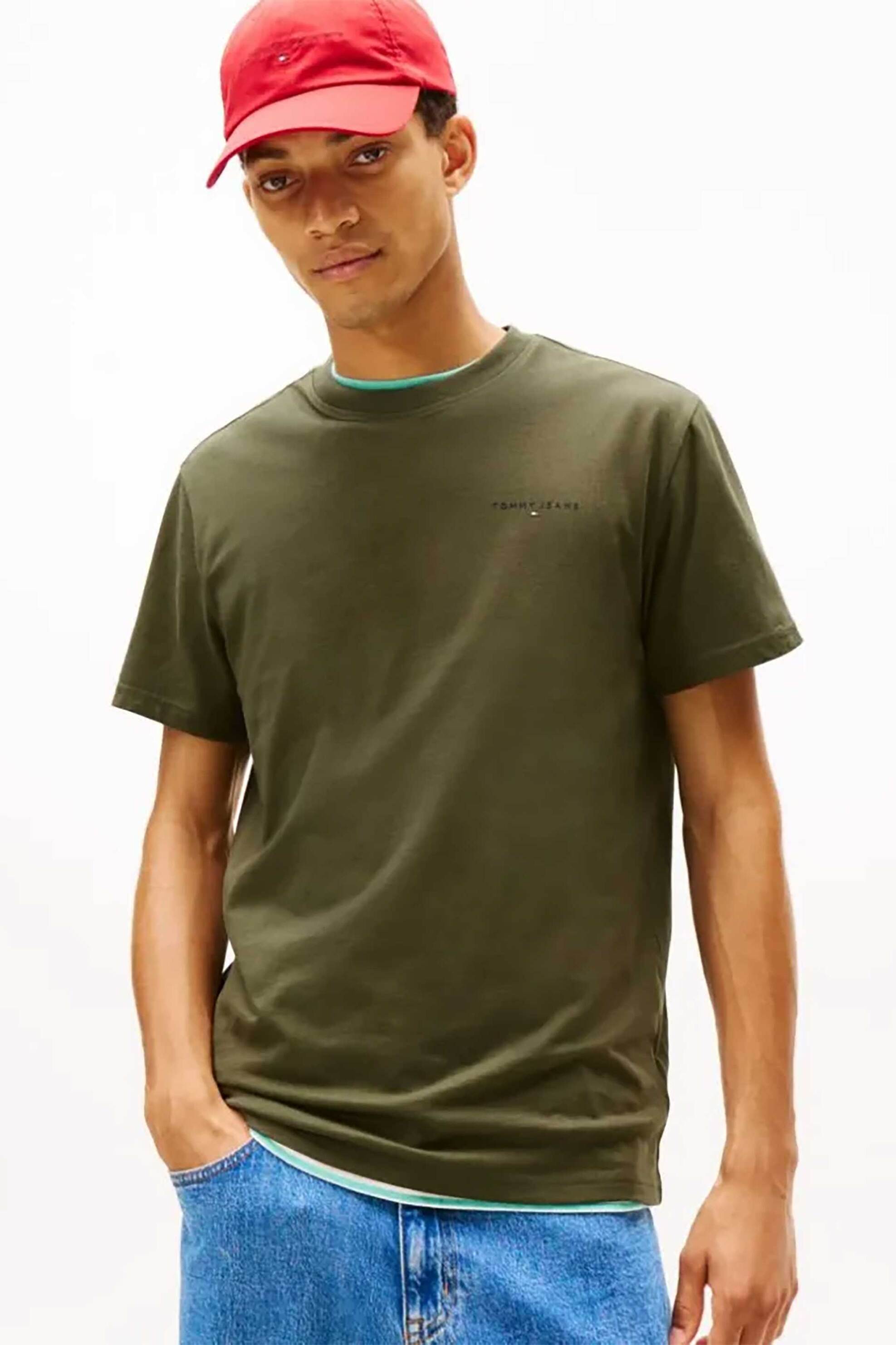 Tommy Jeans ανδρικό T-shirt μονόχρωμο με λογότυπο Slim Fit - DM0DM21780 Λαδί