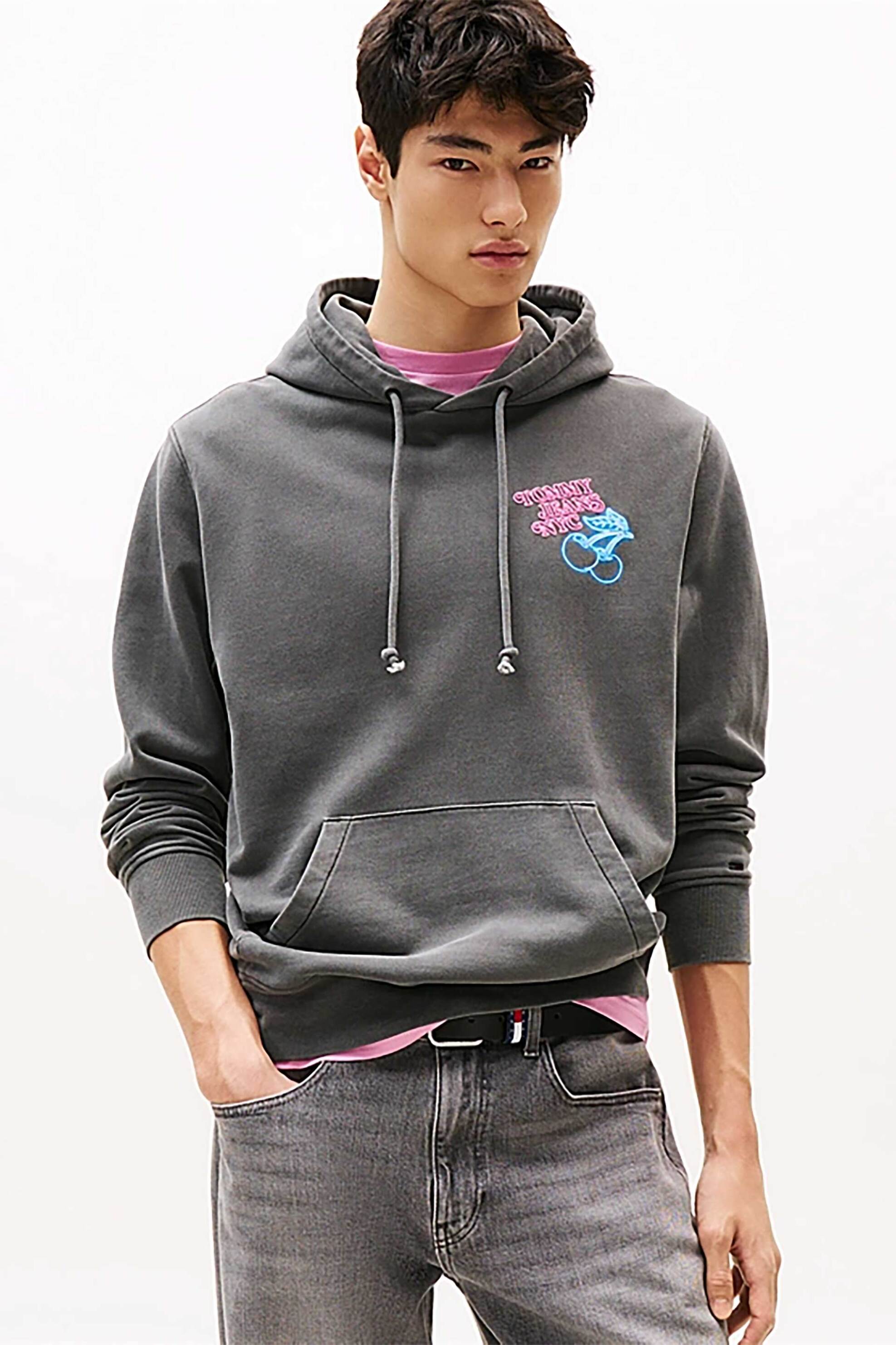 Tommy Jeans ανδρική μπλούζα φούτερ με κεντημένο lettering Regular Fit - DM0DM21798 Ανθρακί