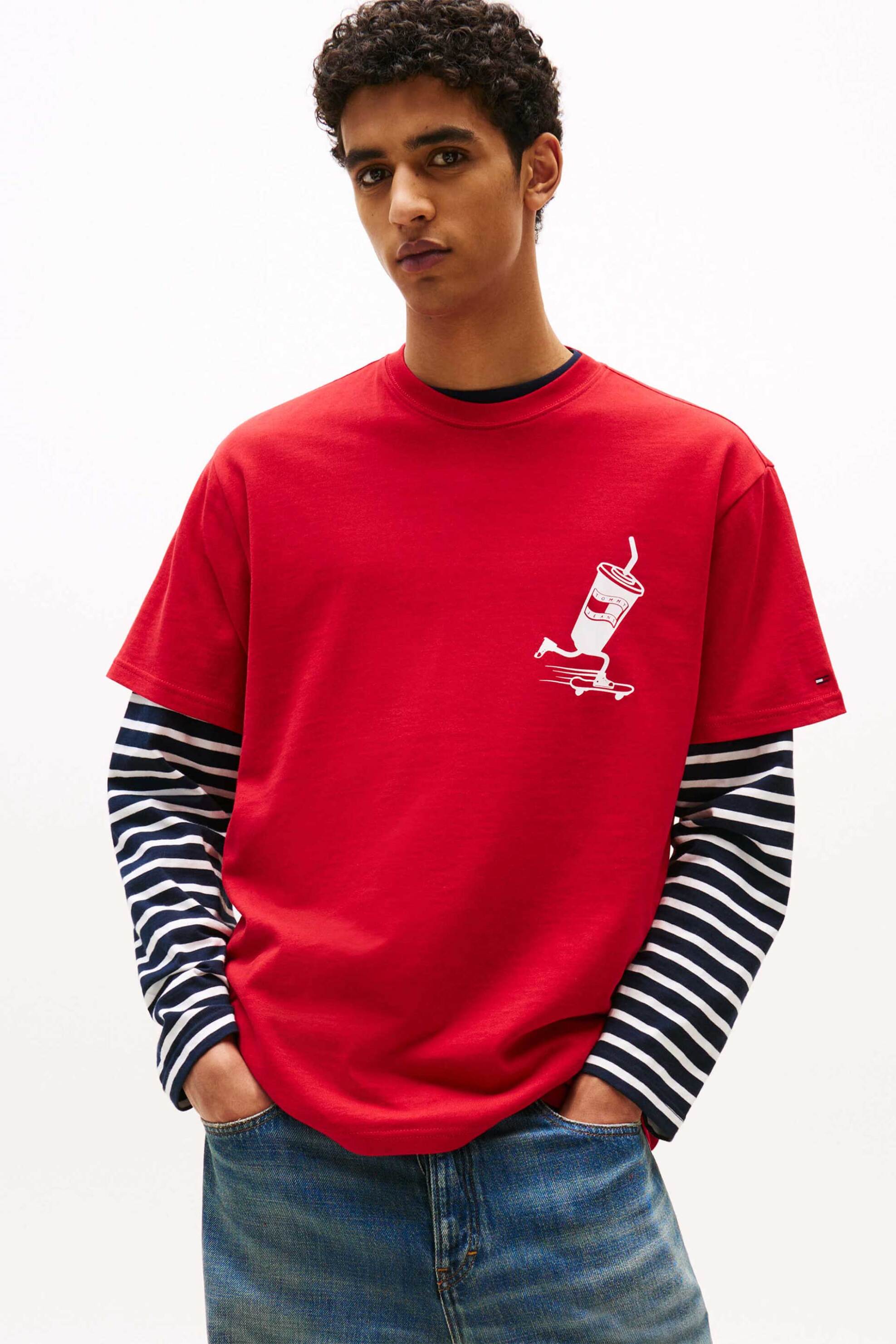 Tommy Jeans ανδρικό T-shirt με print Relaxed Fit - DM0DM21830 Κόκκινο