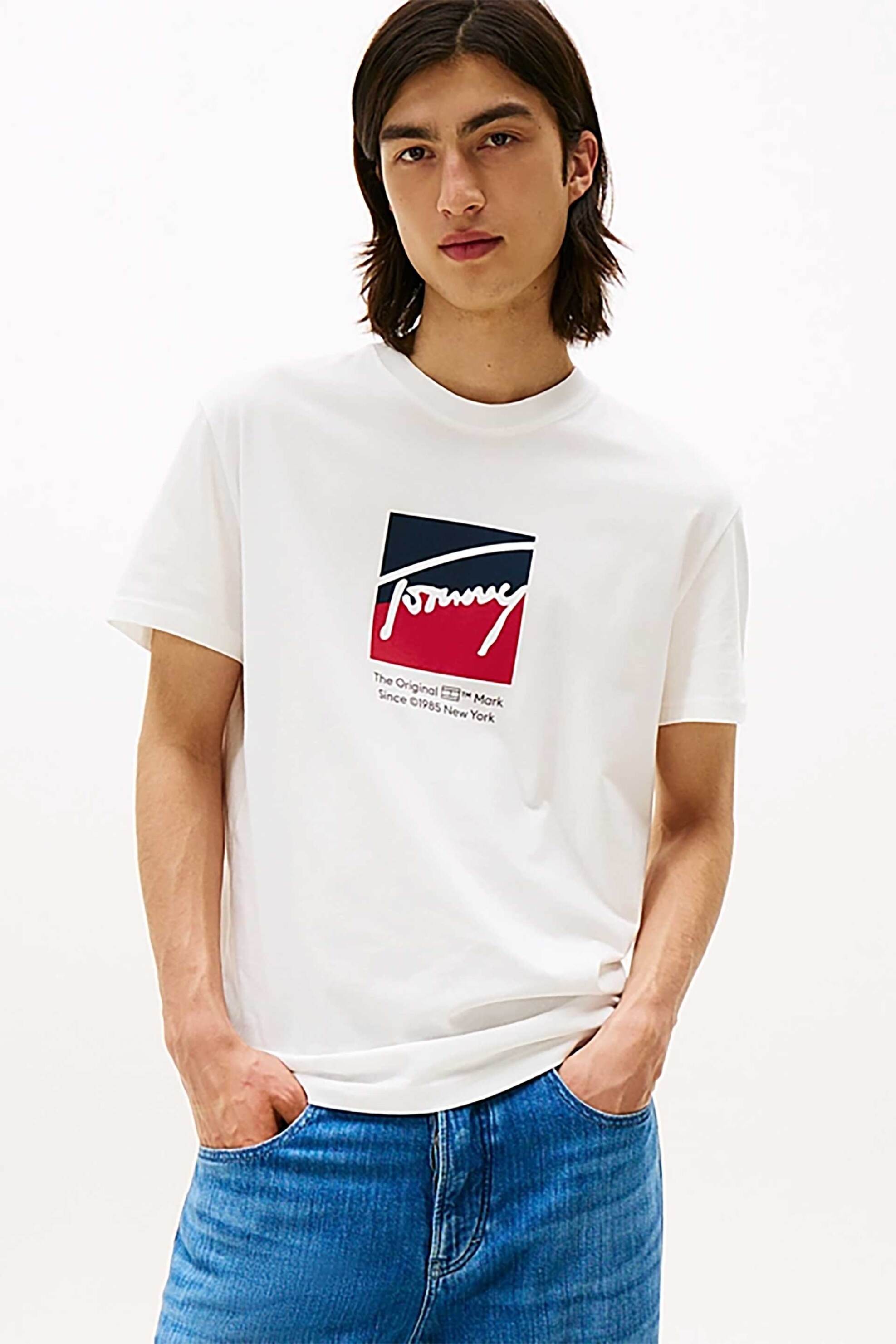 Tommy Jeans ανδρικό T-shirt με signature logo print Regular Fit - DM0DM21940 Εκρού