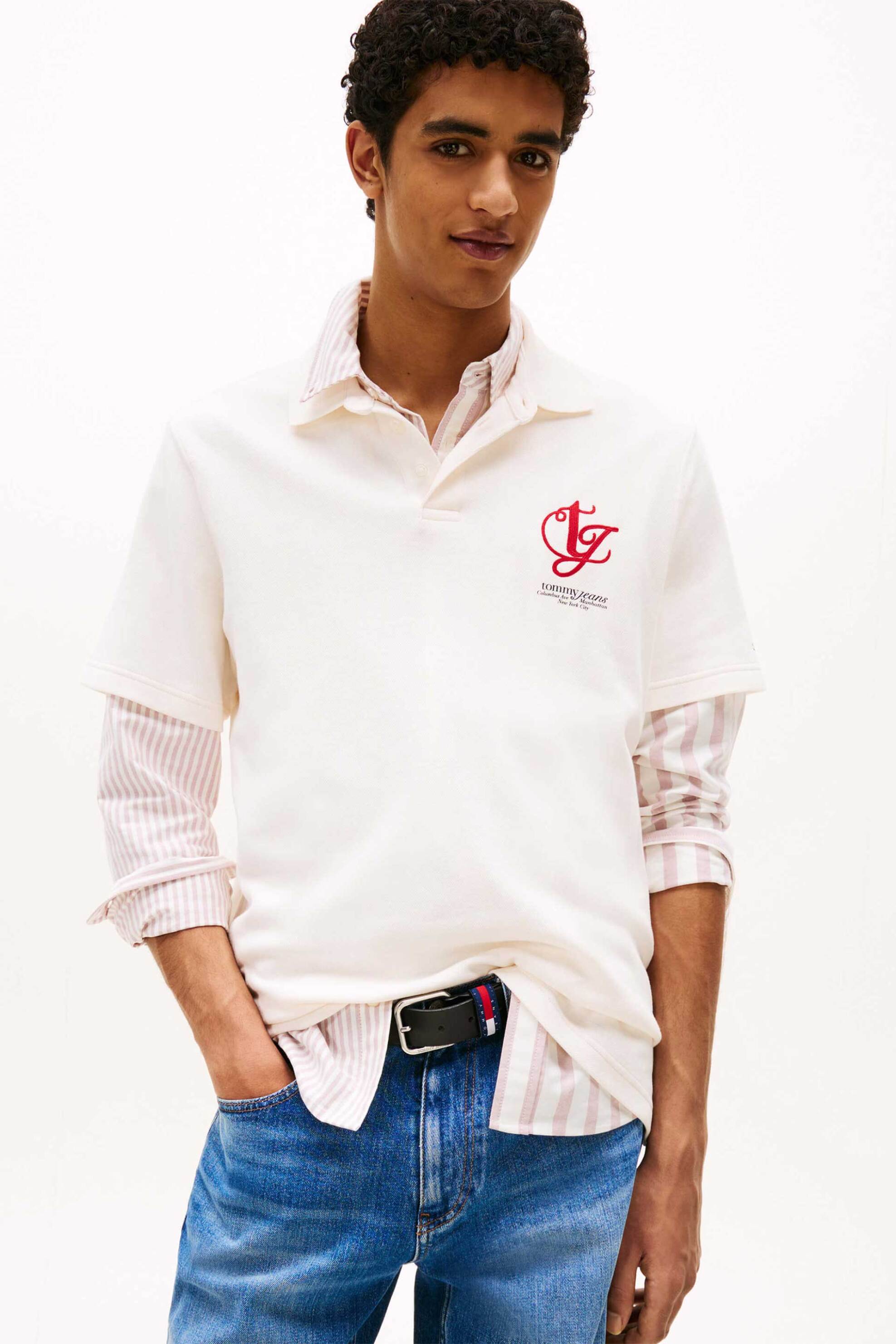 Tommy Jeans ανδρική μπλούζα πόλο με κετνημένο λογότυπο Relaxed Fit - DM0DM21909 Λευκό