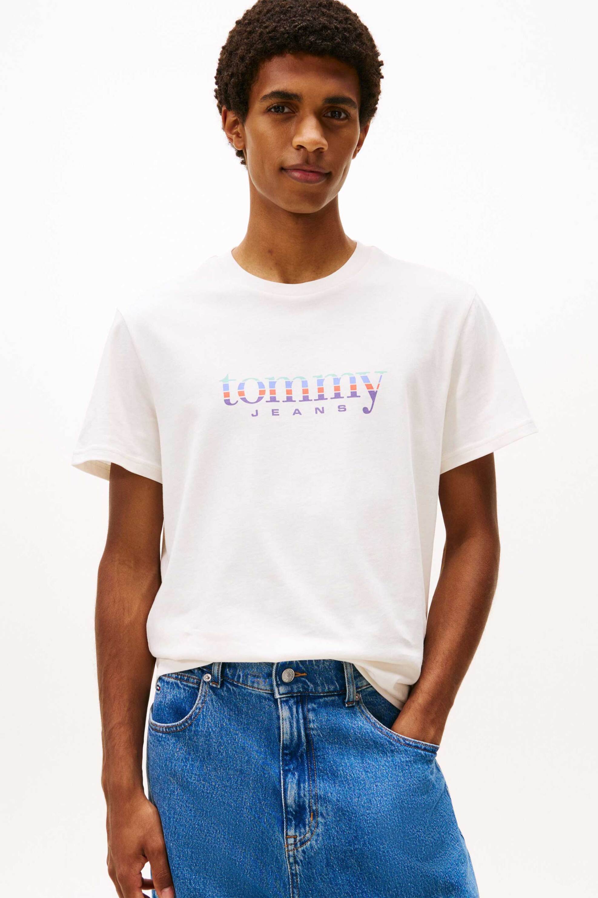 Tommy Jeans ανδρικό T-shirt με logo print Slim Fit - DM0DM22333 Λευκό