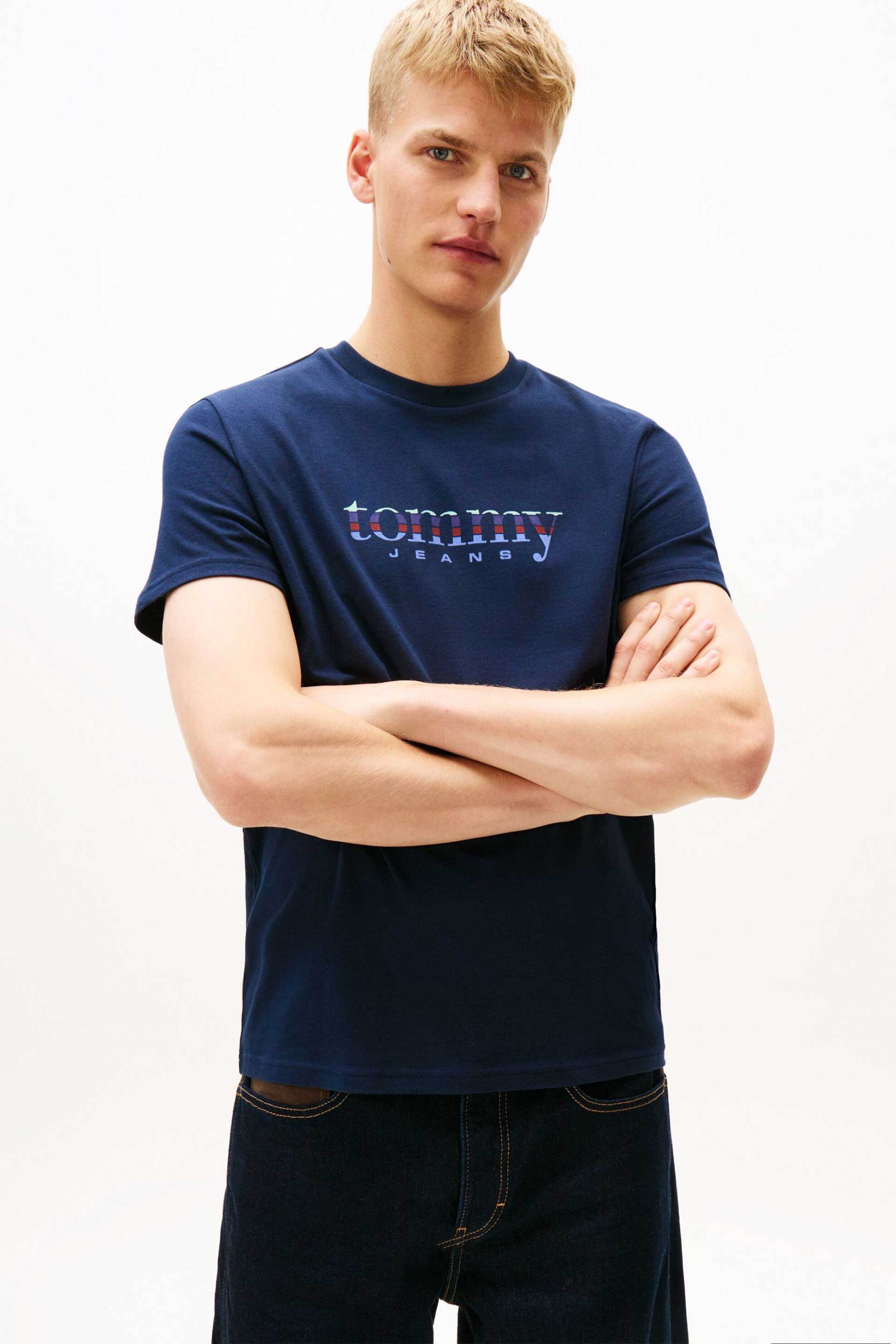 Tommy Jeans ανδρικό T-shirt με logo print Slim Fit - DM0DM22333 Μπλε Σκούρο