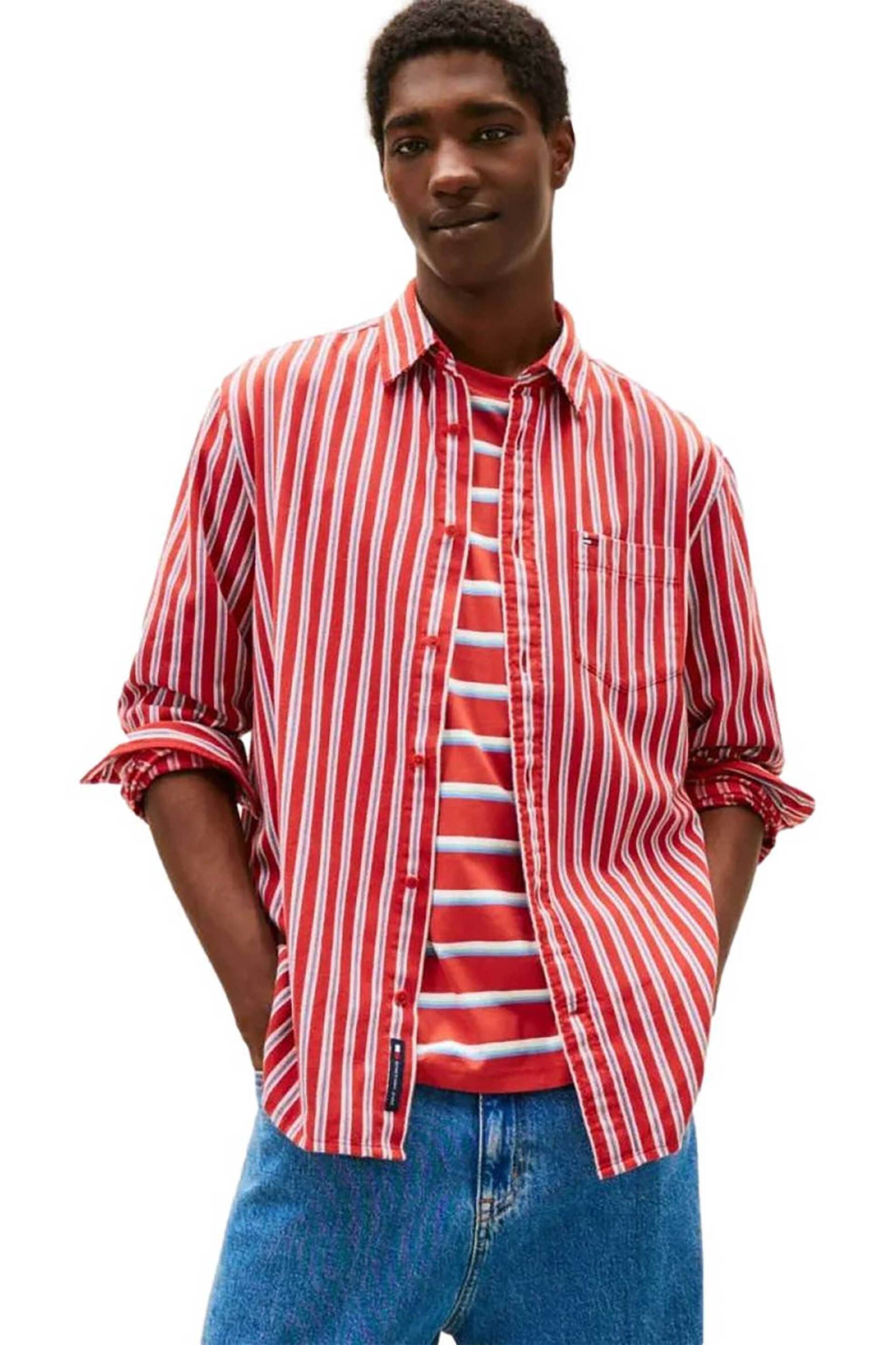 Tommy Jeans ανδρικό πουκάμισο με ριγέ σχέδιο και λογότυπο Relaxed Fit - DM0DM22406 Κόκκινο