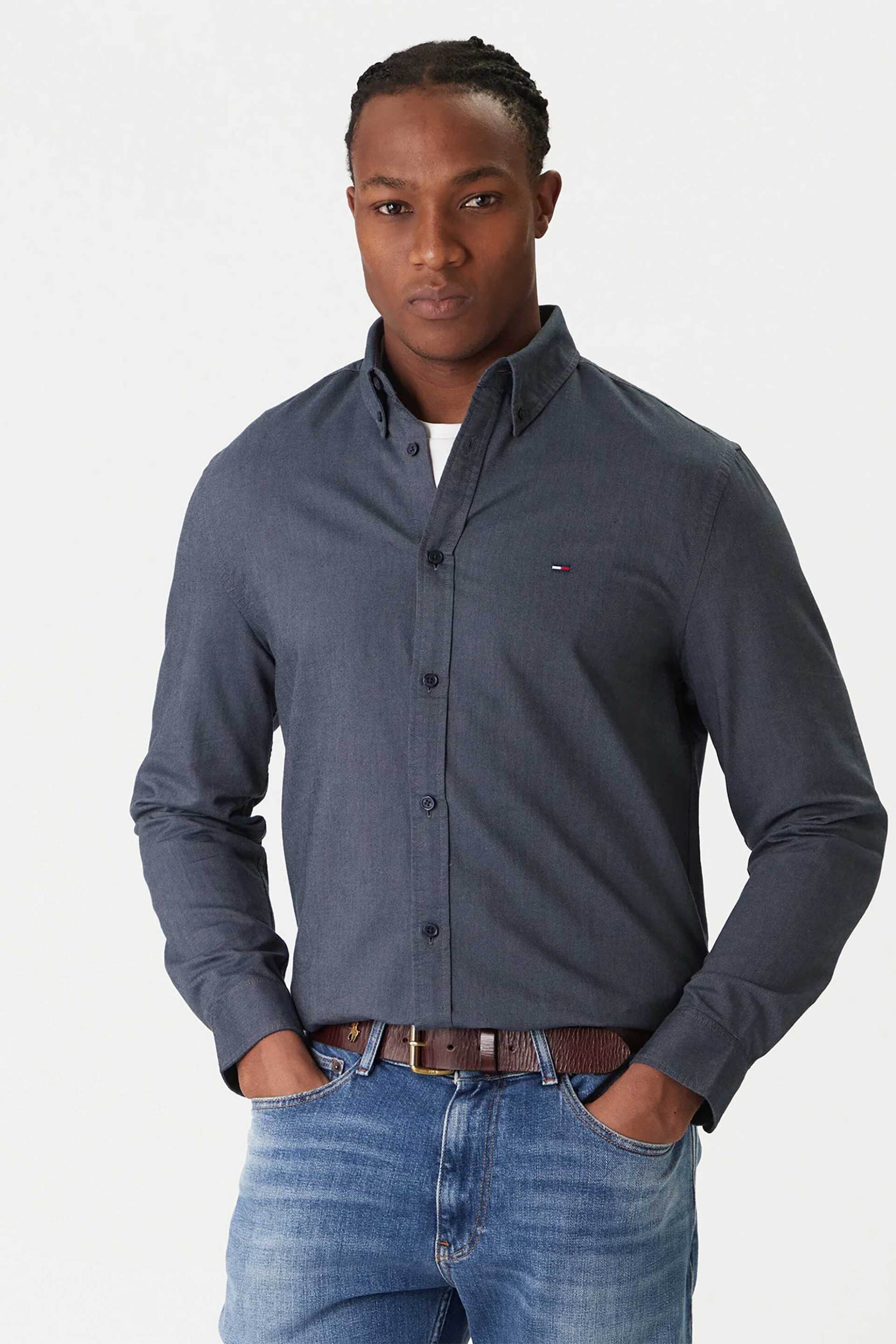 Tommy Jeans ανδρικό πουκάμισο με λογότυπο Regular Fit - DM0DM22836 Μπλε Σκούρο