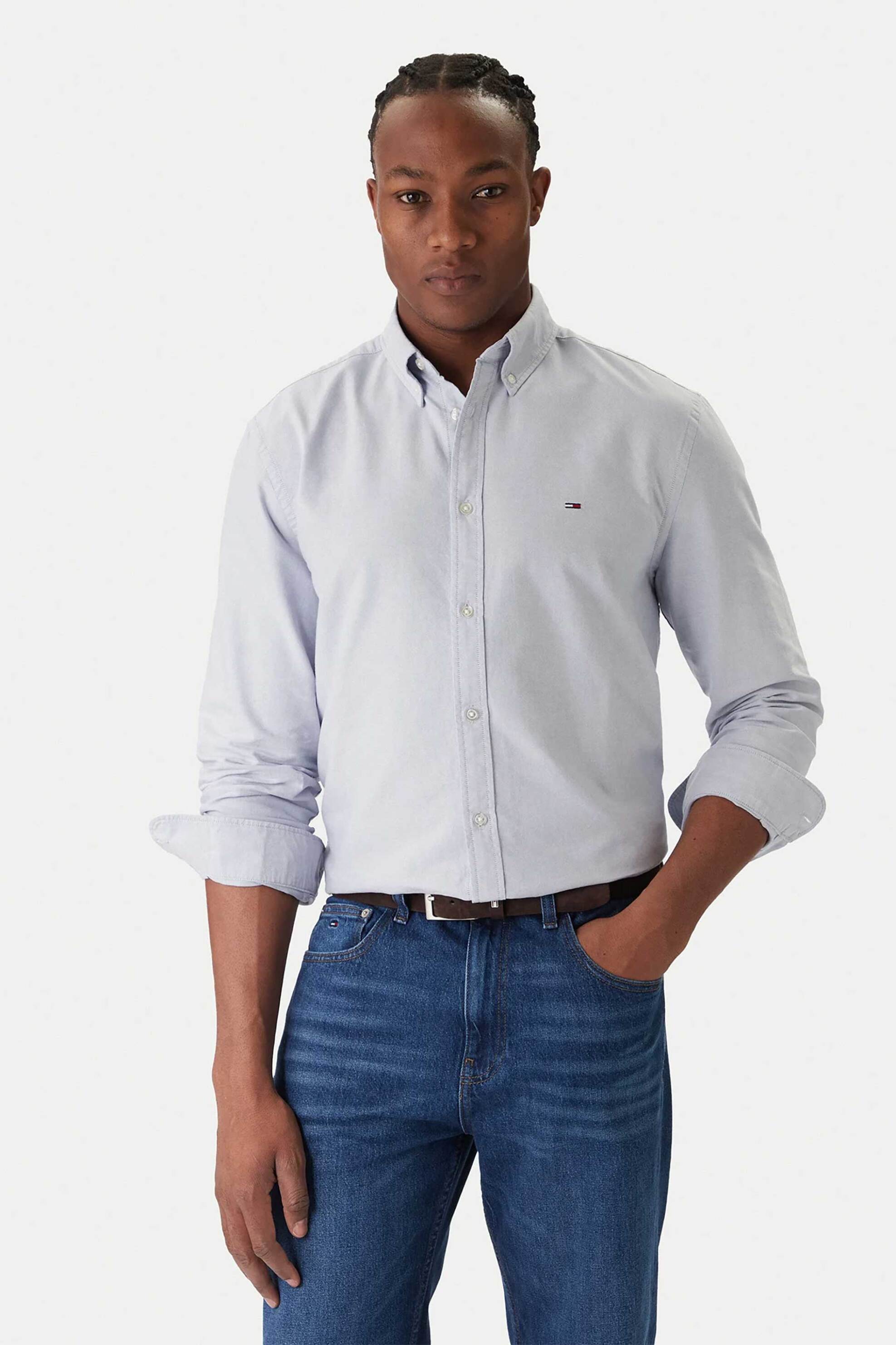 Tommy Jeans ανδρικό πουκάμισο με λογότυπο Regular Fit - DM0DM22836 Μπλε Ανοιχτό