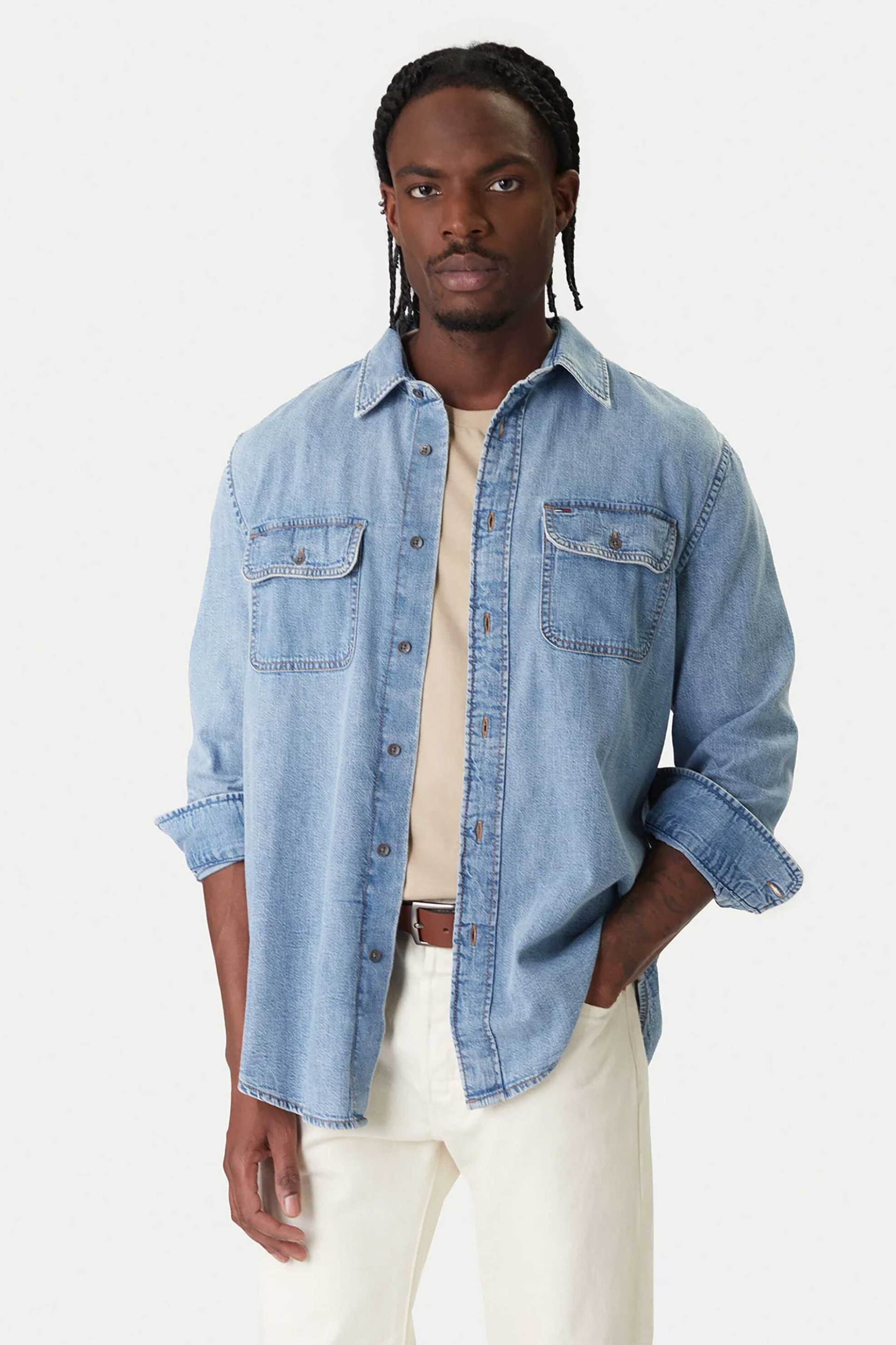 Tommy Jeans ανδρικό denim πουκάμισο με λογότυπο Relaxed Fit - DM0DM22304 Denim Blue