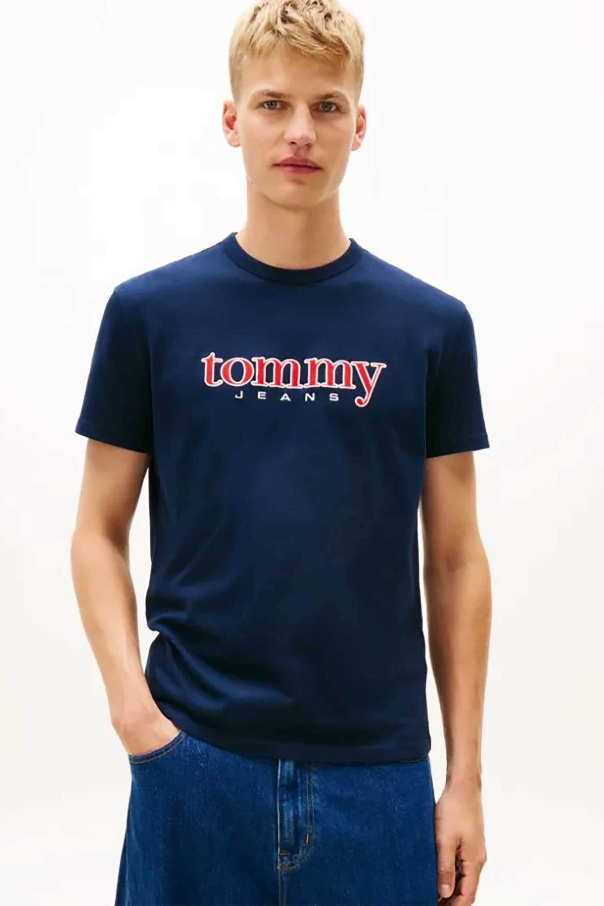Tommy Jeans ανδρικό T-shirt με logo print Slim Fit - DM0DM22719 Μπλε Σκούρο