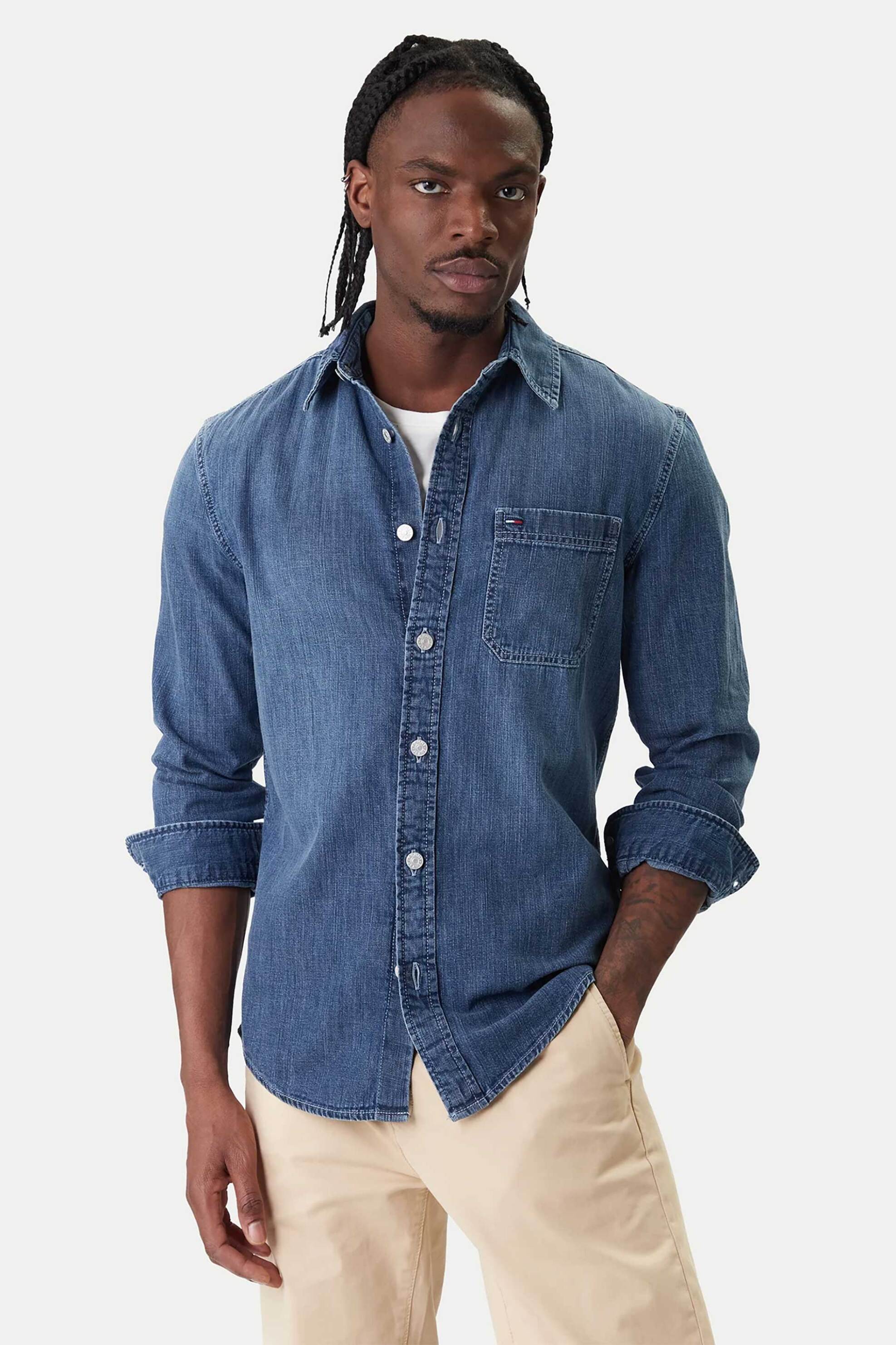 Tommy Jeans ανδρικό denim πουκάμισο με λογότυπο Regular Fit - DM0DM22303 Denim Blue Σκούρο