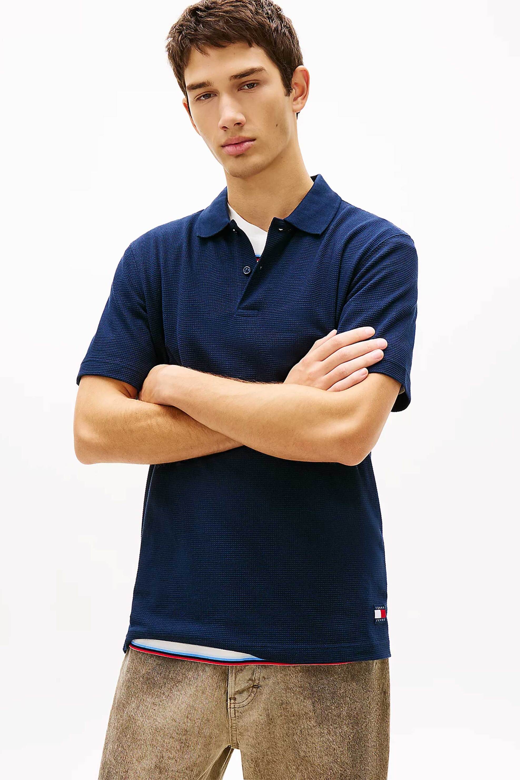 Tommy Jeans ανδρική μπλούζα πόλο με waffle σχέδιο Regular Fit - DM0DM22703 Μπλε Σκούρο