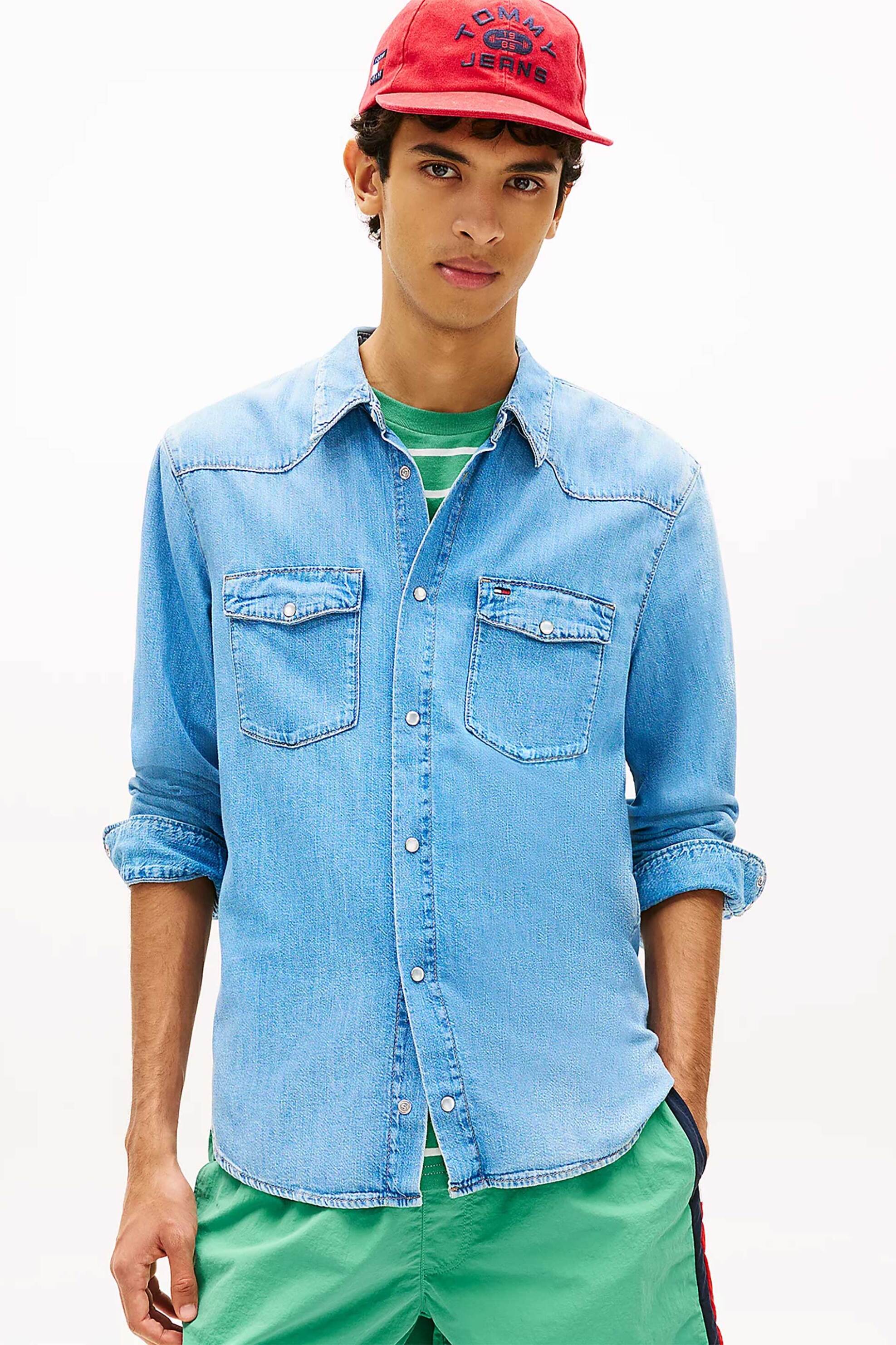 Tommy Jeans ανδρικό denim πουκάμισο Regular Fit "Western" - DM0DM23029 Denim Blue Ανοιχτό
