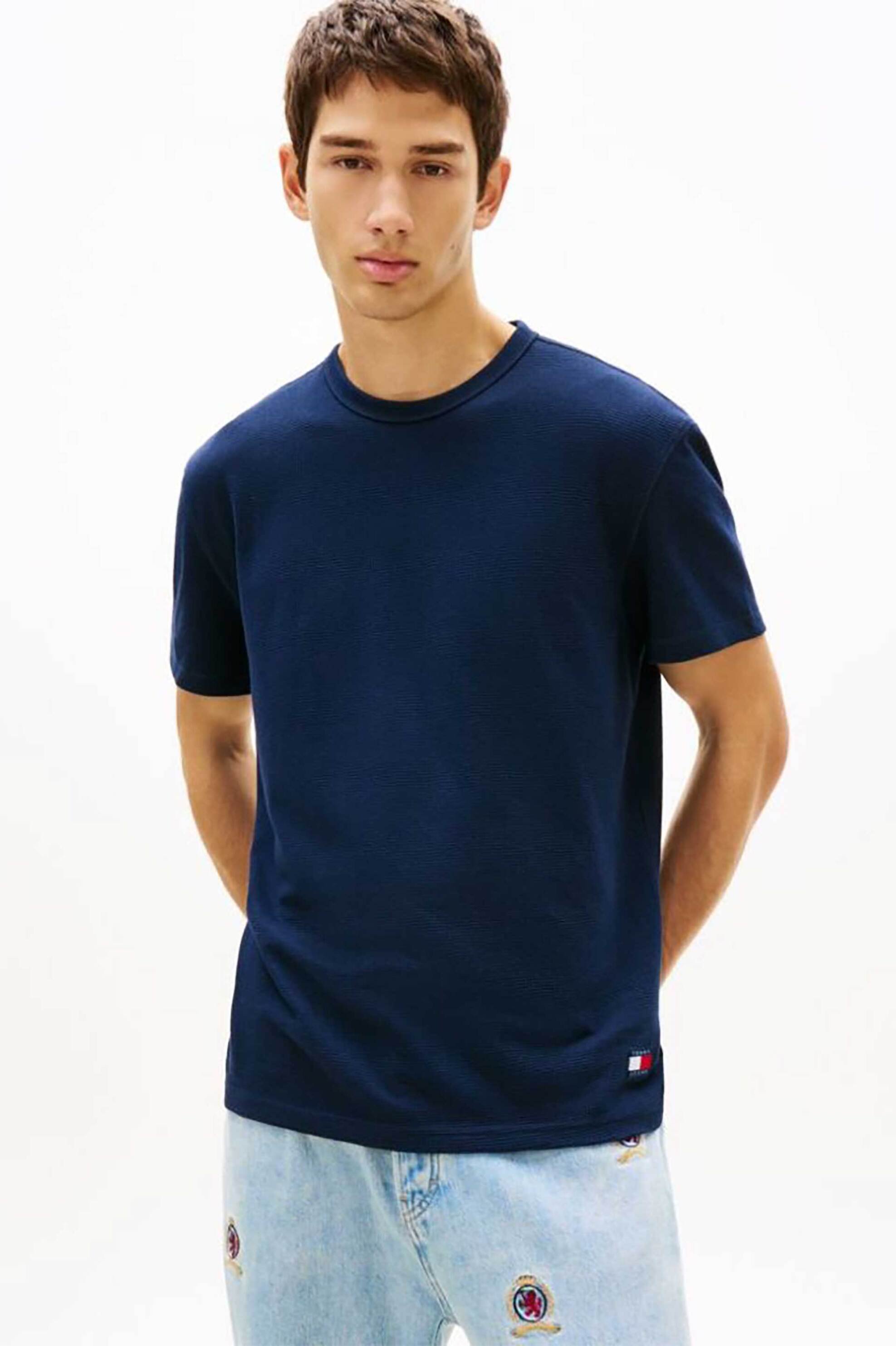 Tommy Jeans ανδρικό T-shirt με waffle πλέξη Slim Fit - DM0DM22529 Μπλε Σκούρο