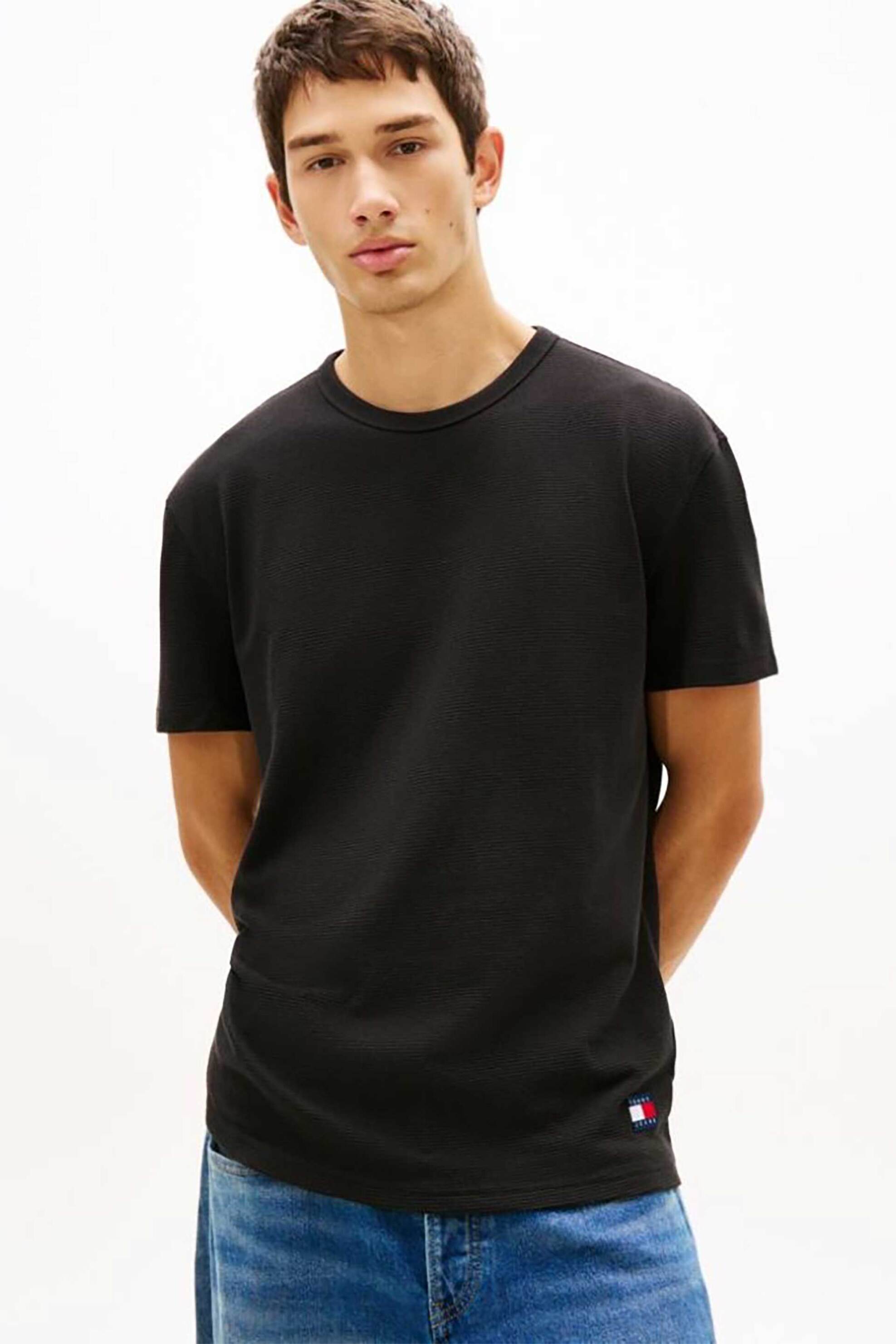 Tommy Jeans ανδρικό T-shirt με waffle πλέξη Slim Fit - DM0DM22529 Μαύρο
