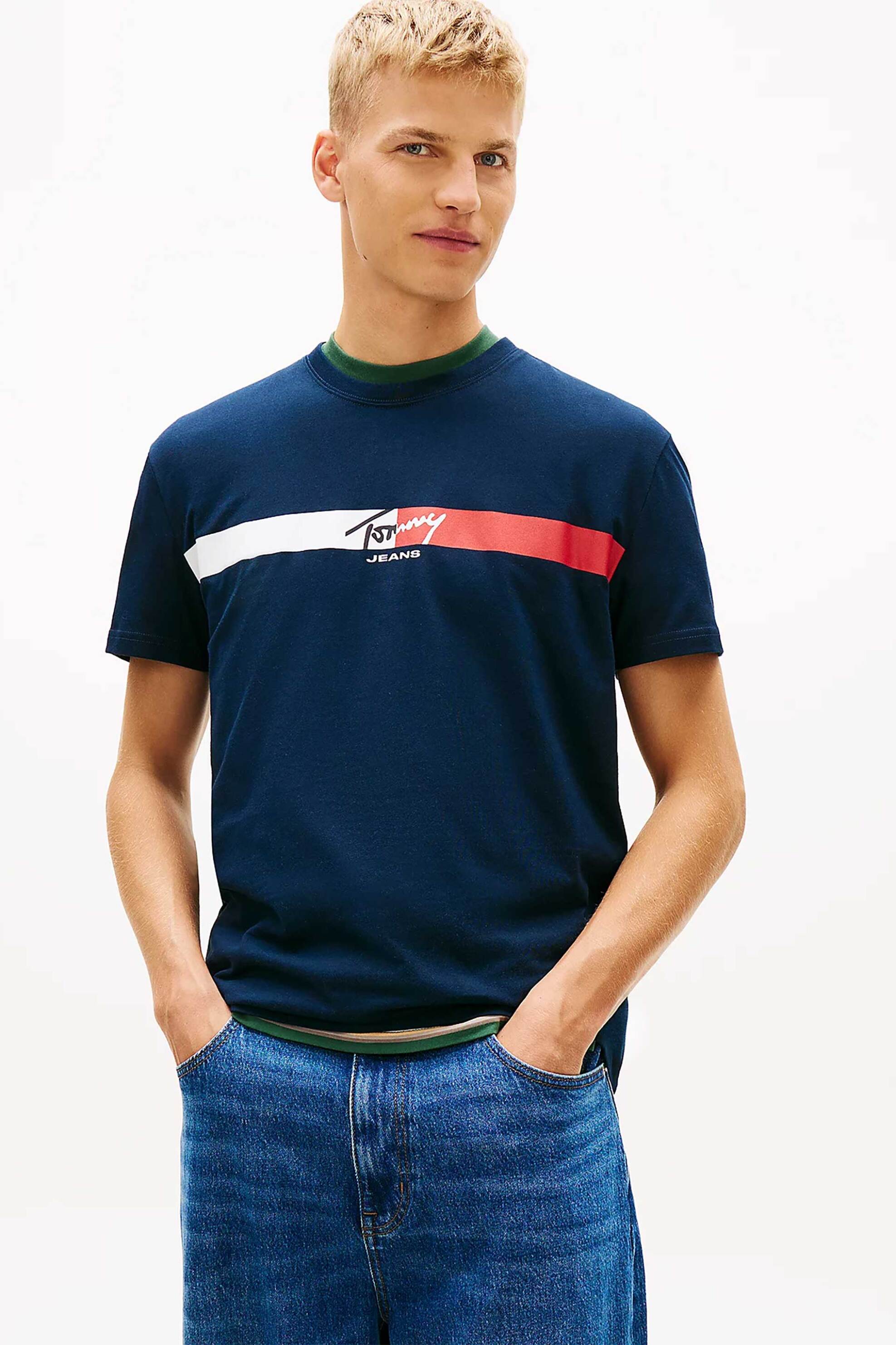 Tommy Jeans ανδρικό T-shirt με signature logo print Regular Fit - DM0DM22539 Μπλε Σκούρο