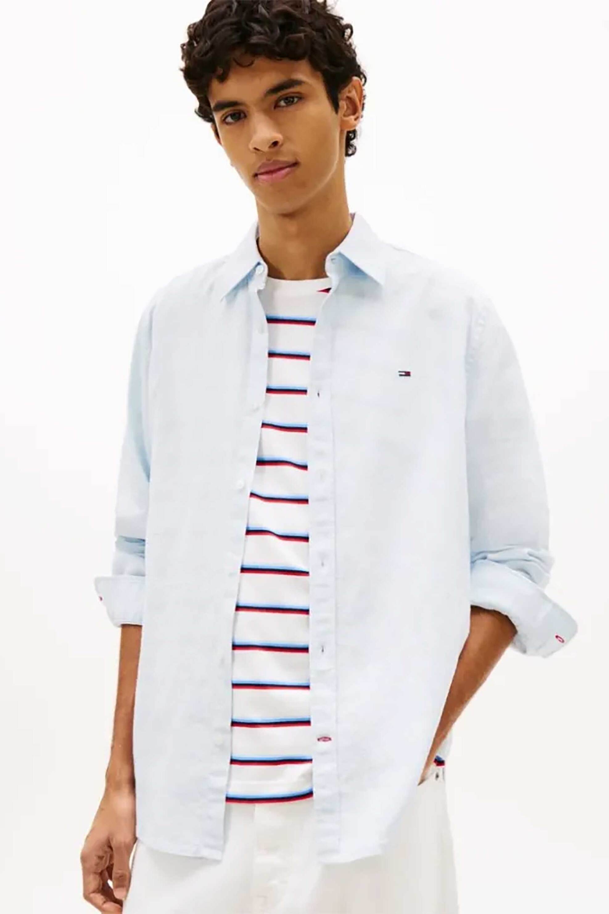 Tommy Jeans ανδρικό πουκάμισο με λινό με λογότυπο Regular Fit - DM0DM22761 Γαλάζιο